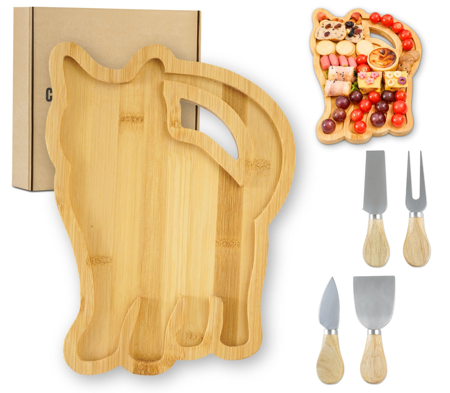 Cat Charcuterie Board,Cat Gifts for Women/Men, Cat Decor 11.81 * 8.66 * 0.78 inches Cheeses Charcuterie Wood Cutting/Serving Board Set with 4 Matching Spreaders for Housewarming Thanksgiving Christmas