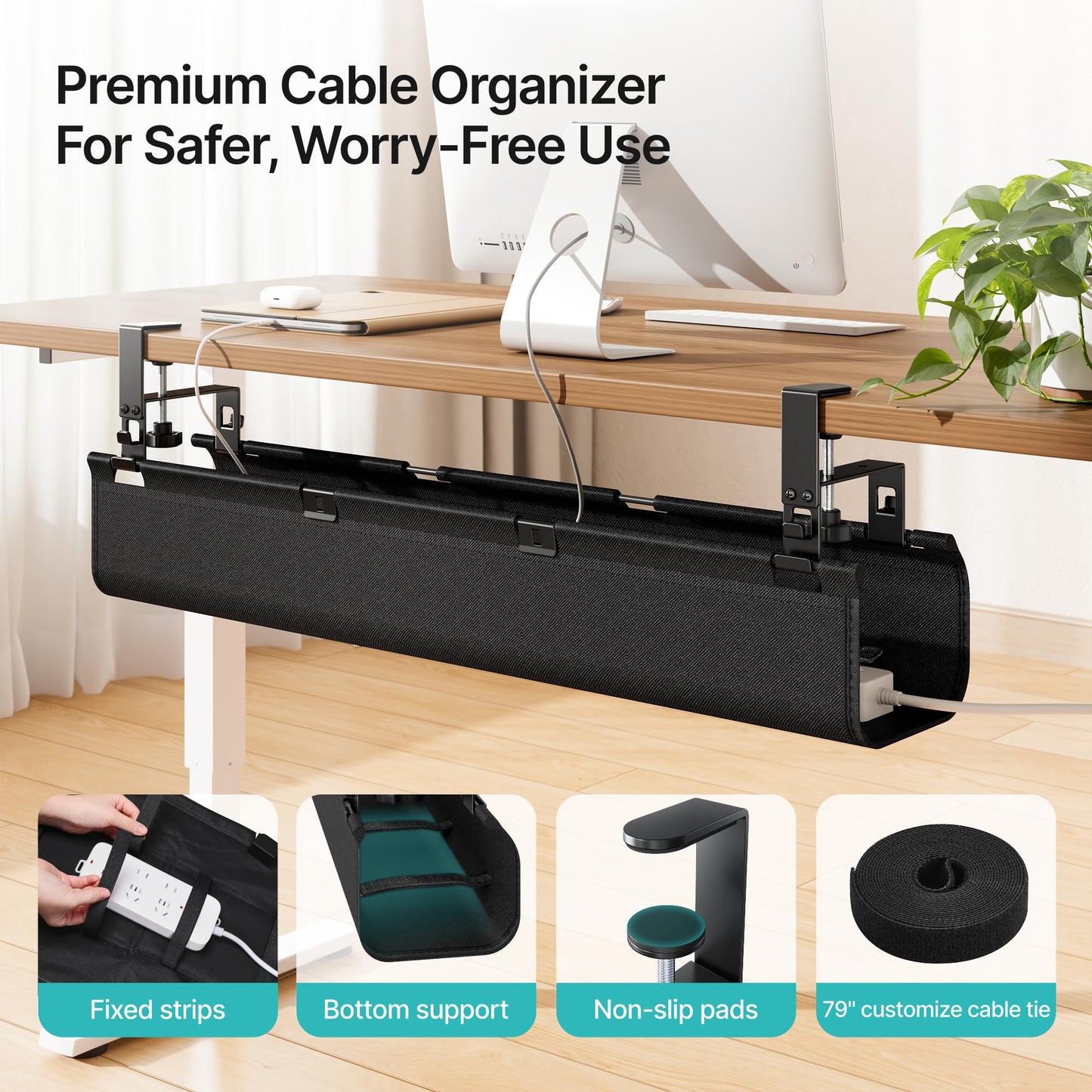 PEGZONE No Drill Under Desk Cable Management Tray, 31.5" Cord Management Under Desk for Table, Clamp Mount Desk Cable Management, Premium Fabric Wire Management Tray for Office, Home