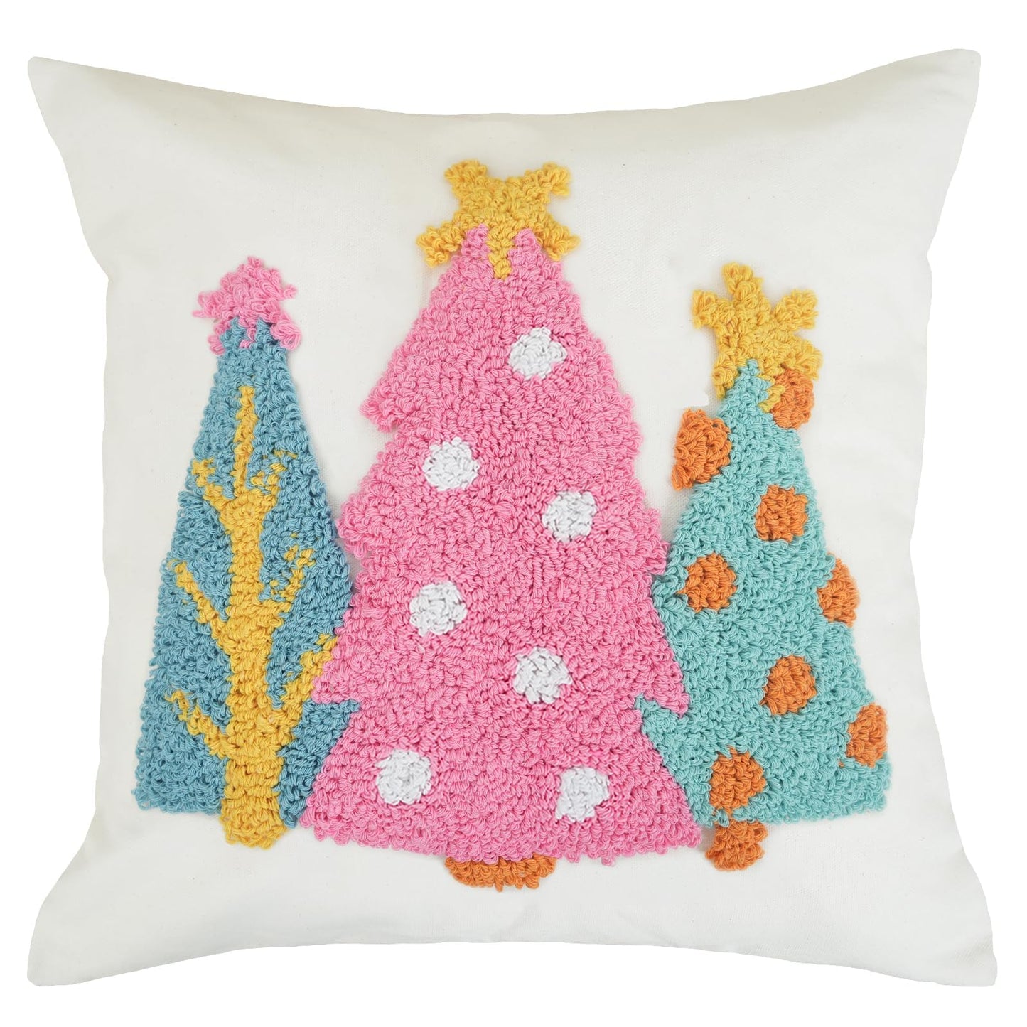 GEEORY Christmas Pillow Covers 18x18 Inch, Canvas Embroidered Xmas Tree Throw Pillows, Farmhouse Home Decoration Cushion Case for Sofa & Bed (Pink