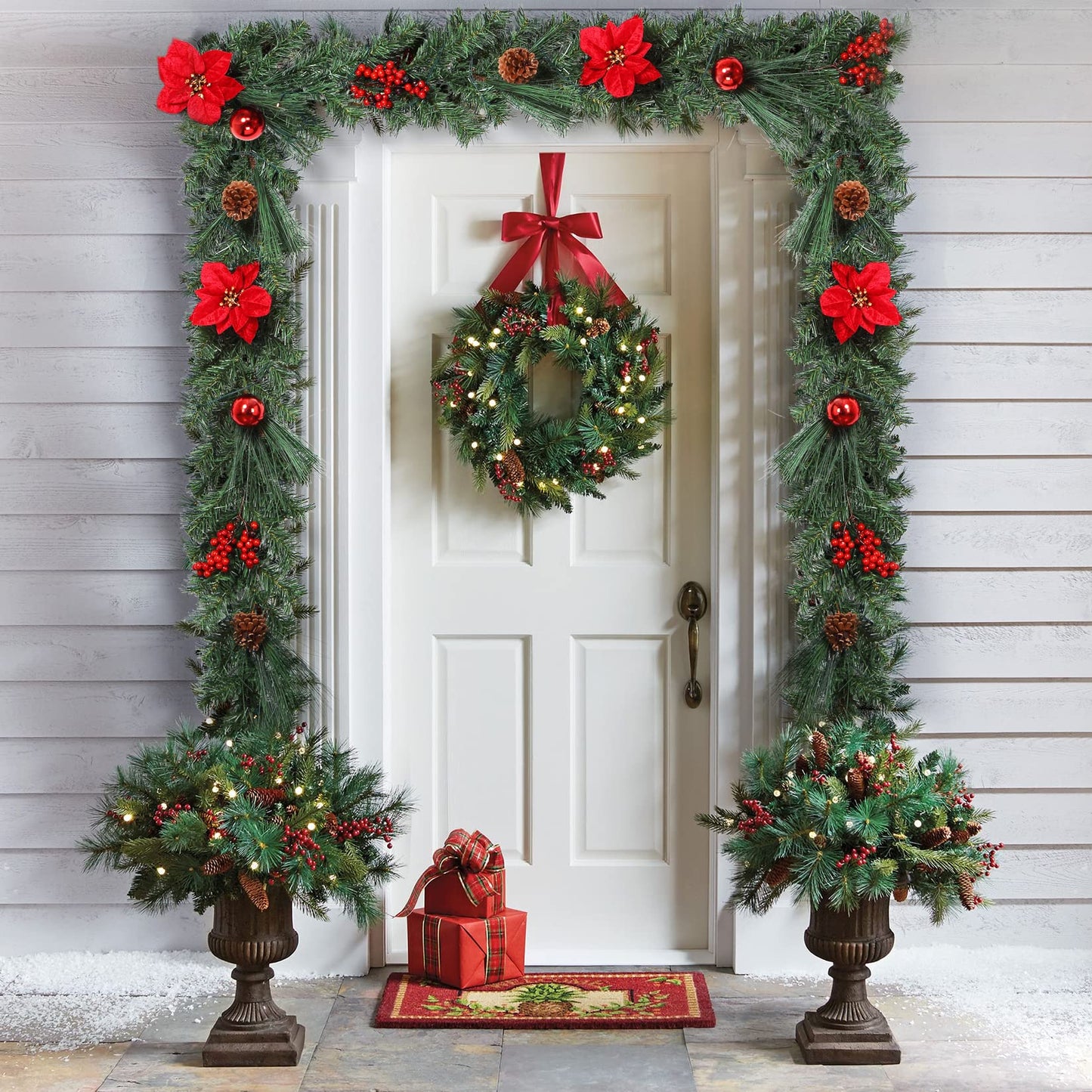 Adeeing Prelit Christmas Garland with 20 LED Lights - Red Poinsettia Flowers, Berries and Pine Cones - 6FT Lighted Garland for Mantle & Outdoor Decoration