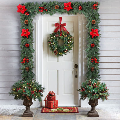 Adeeing Prelit Christmas Garland with 20 LED Lights - Red Poinsettia Flowers, Berries and Pine Cones - 6FT Lighted Garland for Mantle & Outdoor Decoration