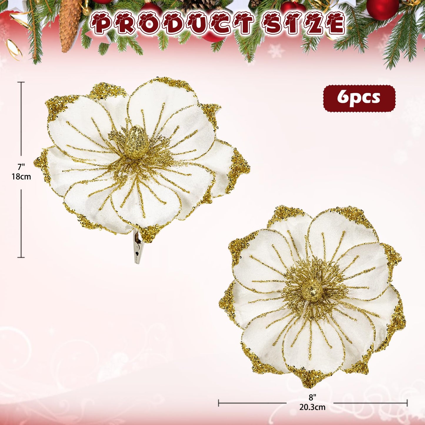 Briful 8in Magnolias Christmas Flowers Glittering Magnolia Flowers Artificial 6Pcs Cream Gold Magnolia Stems for Christmas Tree Decorations, Wreaths, Garland Real Touch Magnolia Xmas Picks