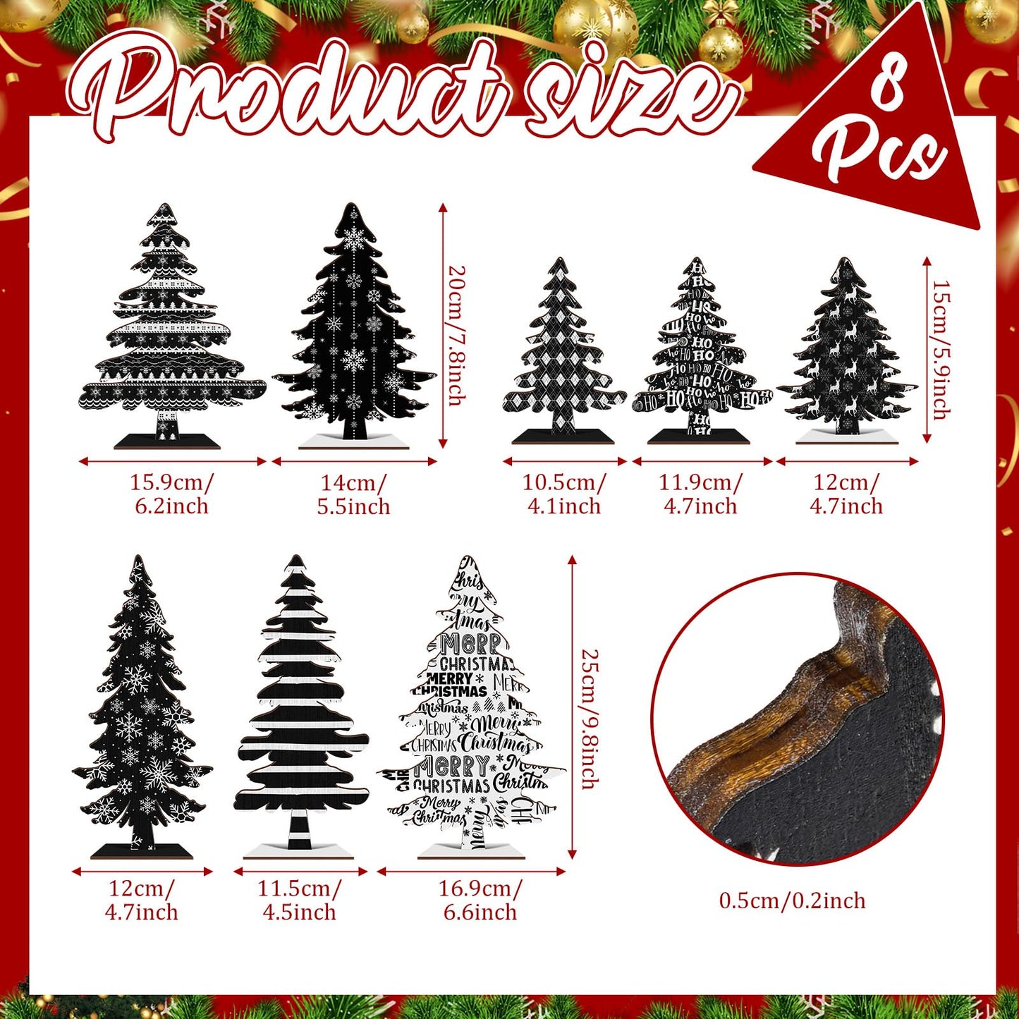 Cinrobiye 8 Pcs Christmas Table Decorations, Black White Christmas Tree Tabletop Centerpieces Farmhouse Rustic Wood Xmas Trees for Home Mantel Fireplace Winter Holiday Party Supplies Decor (Black)