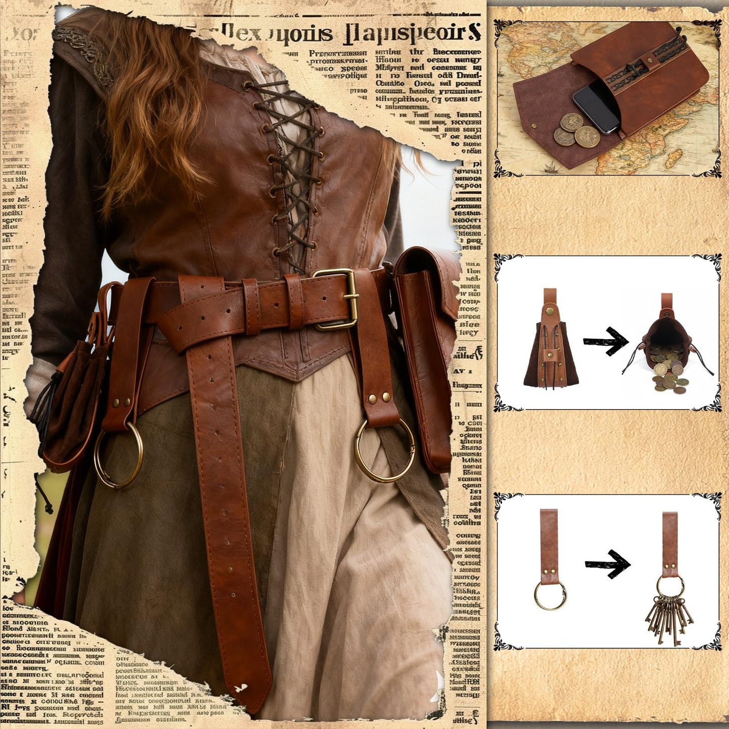 Treature Medieval Belt Pouches - Renaissance Belt Pouch Coin Purse Skirt Hike Set - Medieval Pirate Costume Halloween Cosplay for Ren Faire. (Brown)