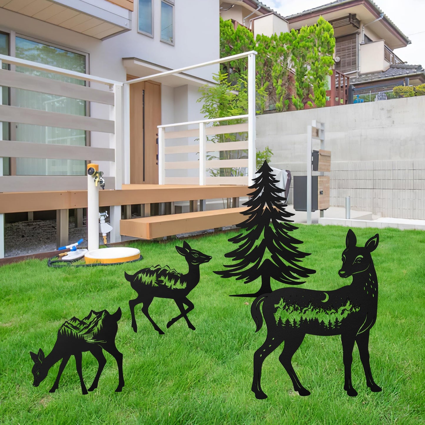 Romart Deer and Pine Tree Decorative Garden Stakes, 4 Pcs Forest Silhouette Metal Garden Stakes for Outdoor Yard Lawn Decor, Christmas for Nature Lovers