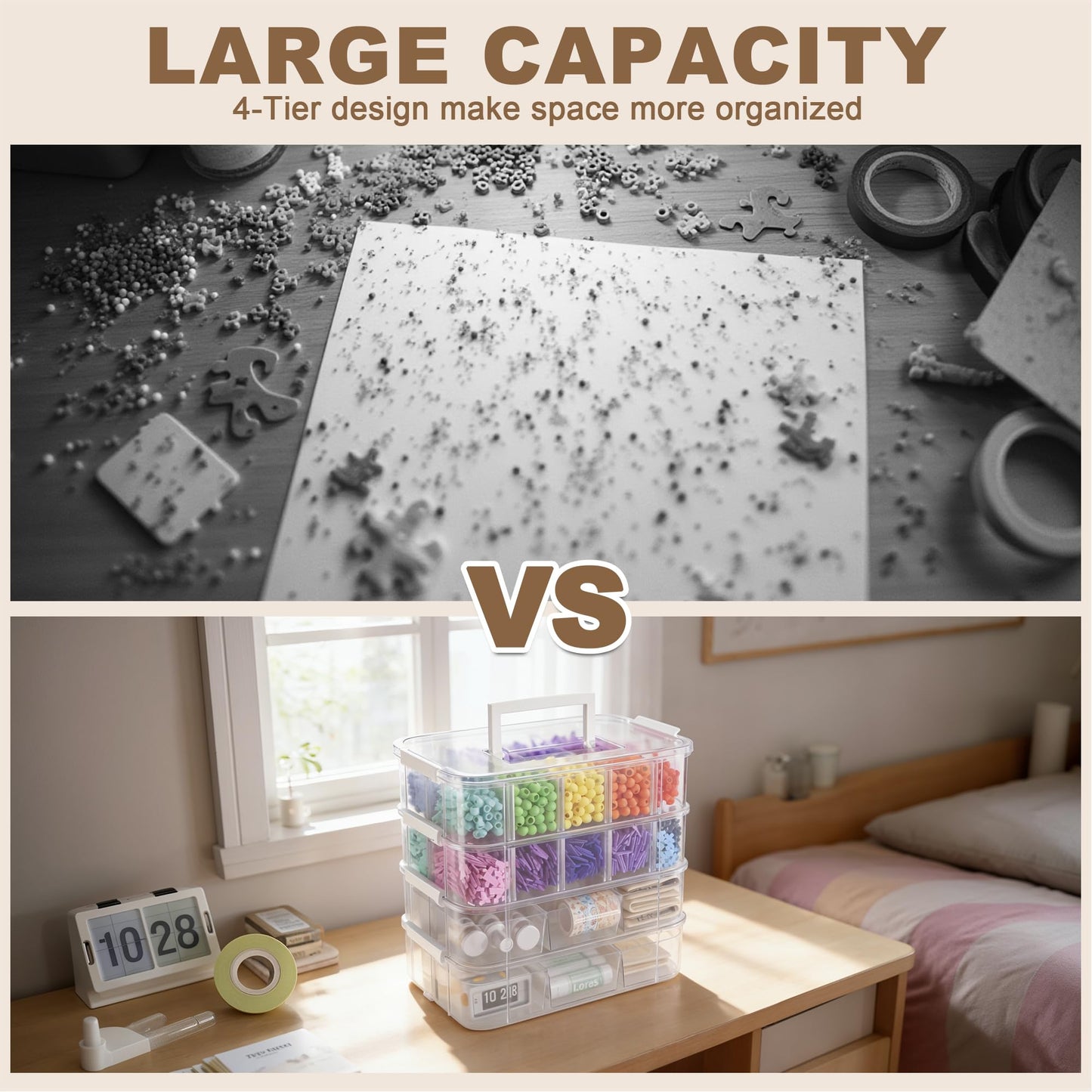 4-Tier Plastic Craft Storage and Organizers with 2 Removable Trays and 20 Adjustable Compartments, Art Supply Storage Organizer for Sewing,Puzzles,Washi Tape,Nail Polish