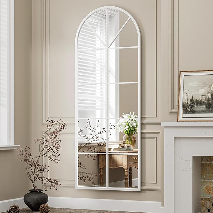 Mirror Full Length, 65"x22" Arched Window Pane Mirrors for Wall Decor, White Full Body or Wall Mounted Mirrors, Farmhouse Standing Mirror Hanging or Leaning for Living Room, Entryway, No Stand