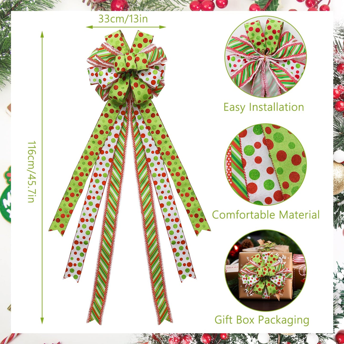 Fvviia Christmas Tree Topper Wreath Large Green Christmas Bow Tree Topper, Red Green Dot Polyester Gift Bow for Xmas Ornament Holiday Handmade Home Wedding Indoor/Outdoor Decoration-13 x 45 Inch