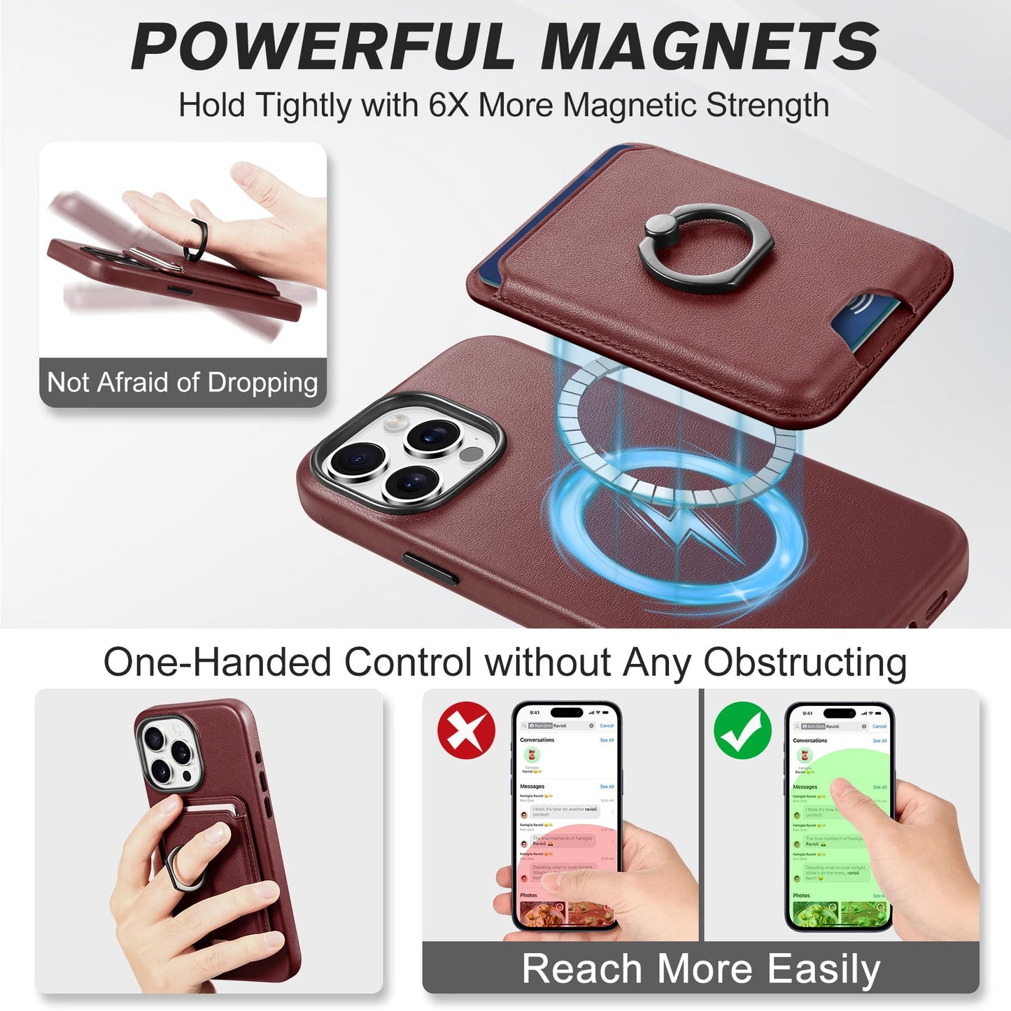 SHIELDON Genuine Leather Case for iPhone 15 Pro Max + Removable Magnetic Card Holder, Magnetic Wireless Charging Non-Slip Stand RFID Blocking Shockproof Compatible with iPhone 15 Pro Max - Wine Red