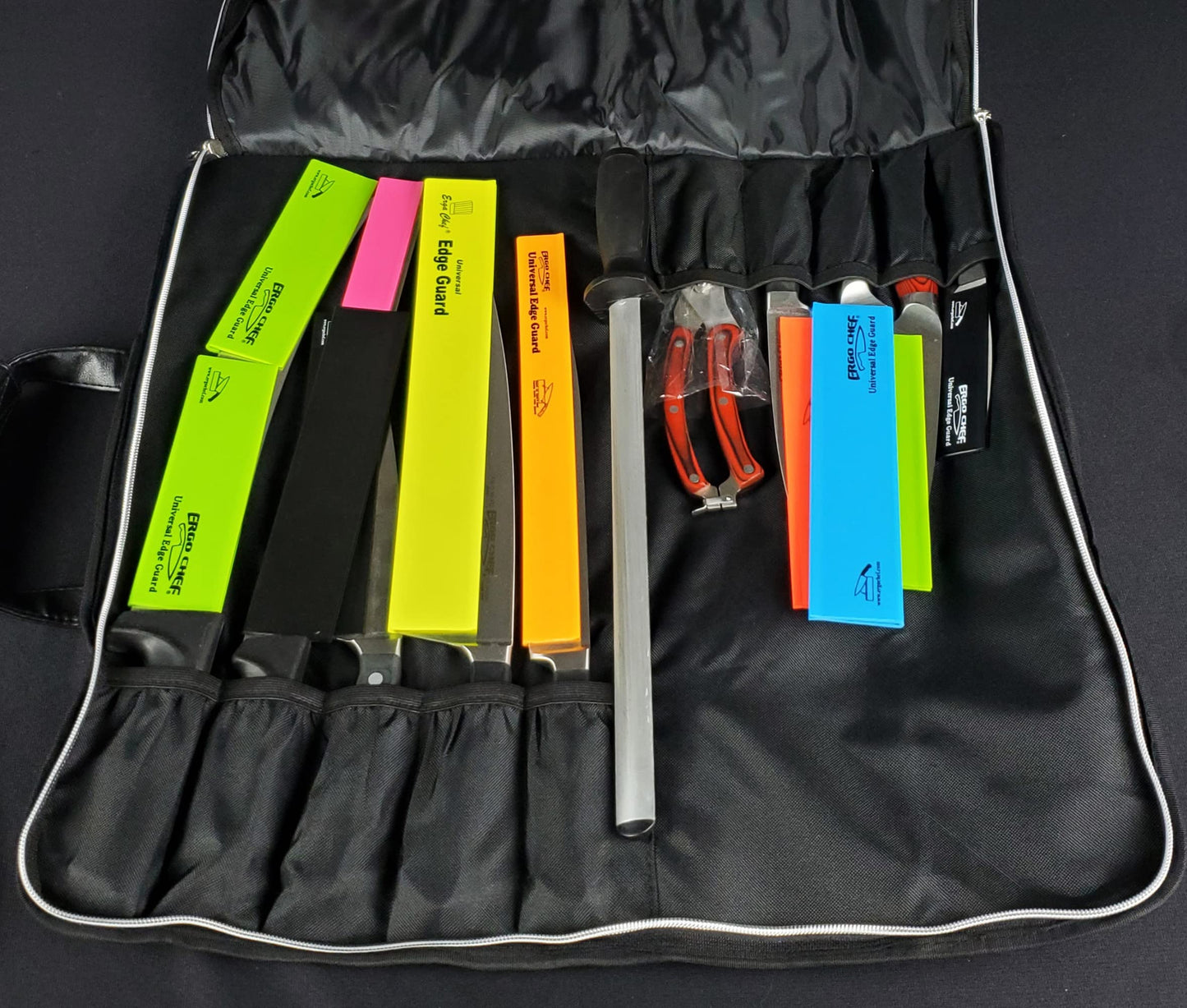 Ergo Chef Heavy Duty Waxed Canvas 10 Pocket Chef Knife Roll Bag Knife Case with Mesh Tool Pocket (Black) Durable Knife Case with Handle, Removable Shoulder Strap & Large Zippered Mesh Pocket