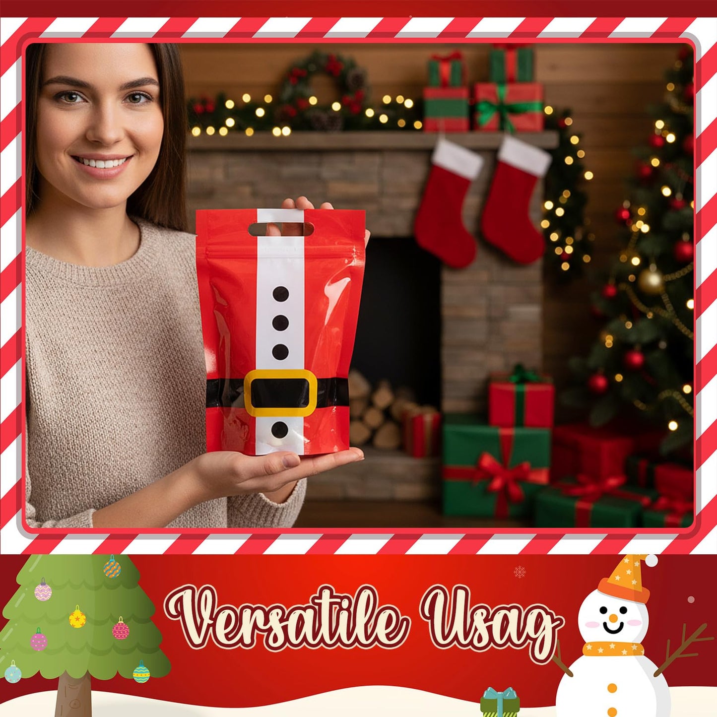 Gersoniel 50 Pcs Christmas Treat Gift Bags Resealable Santa Plastic Sealer Bags with Handles for Xmas Holiday Party Favor Candy Small Gift Wrapping Supplies Decoration