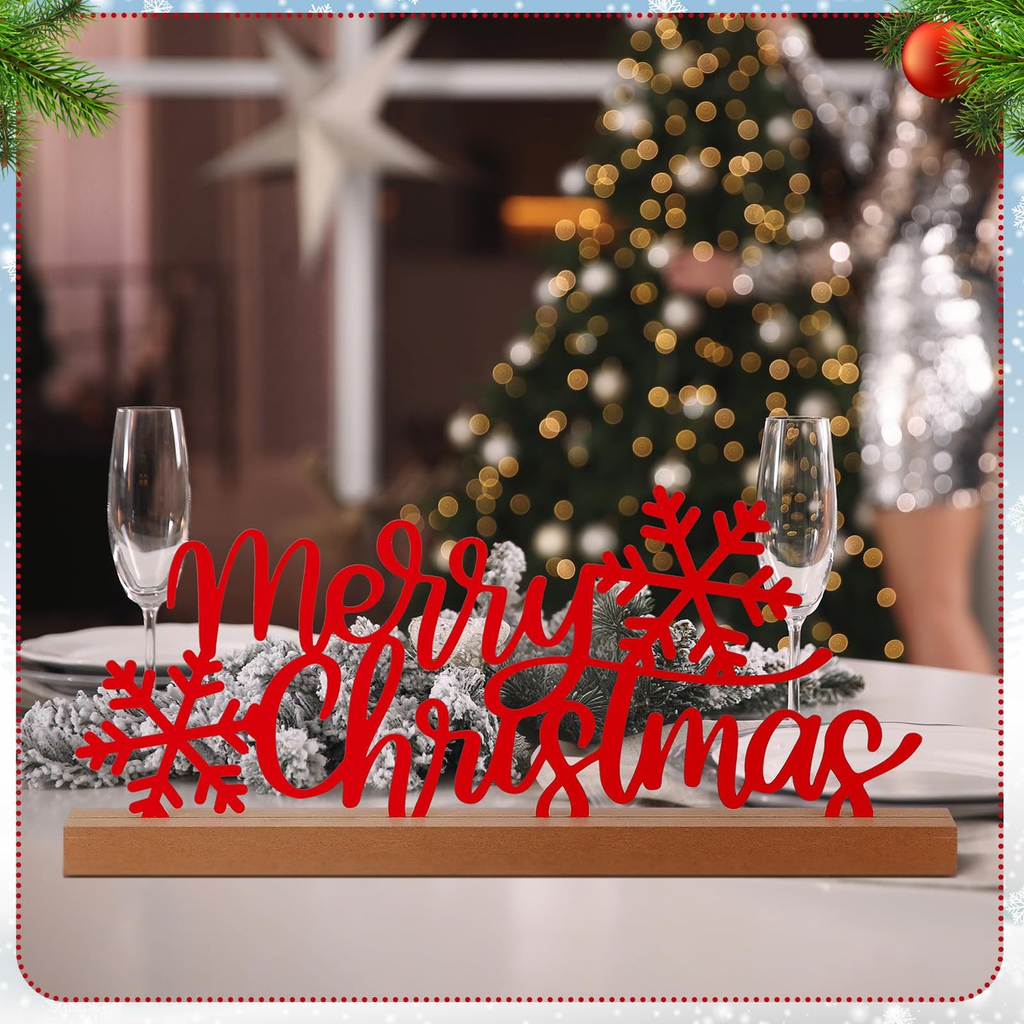 Yaocom 13.78 Inch Merry Christmas Table Sign Xmas Metal Letter Decor Christmas Freestanding Tabletop Decoration with Wooden Base for Home Tiered Tray Centerpiece Mantel Shelf Fireplace