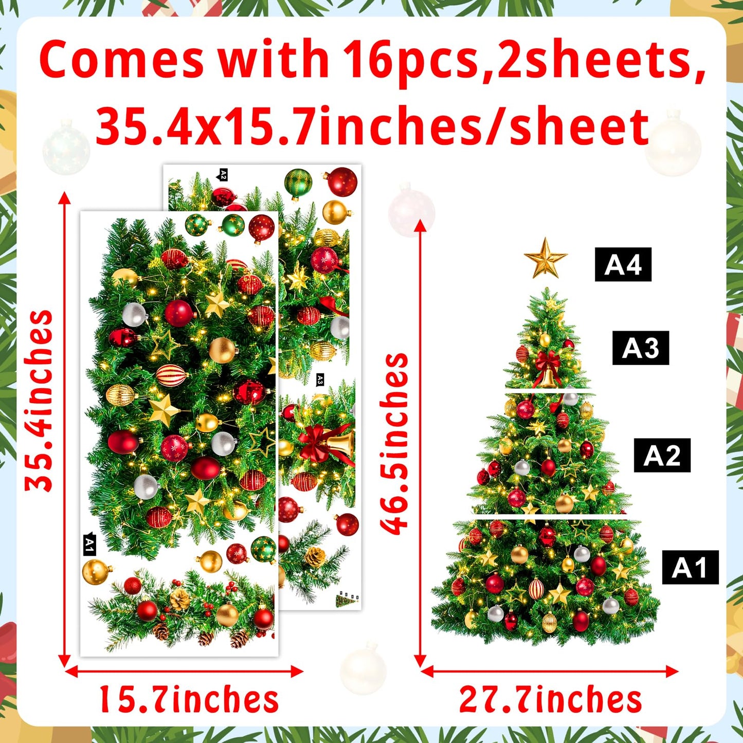 Large Christmas Tree Wall Decals Peel and Stick Merry Christmas Ornament Wall Stickers Removable Winter Tree Decals Xmas Trees Stickers Xmas Holiday Window Sticker for Party Decoration