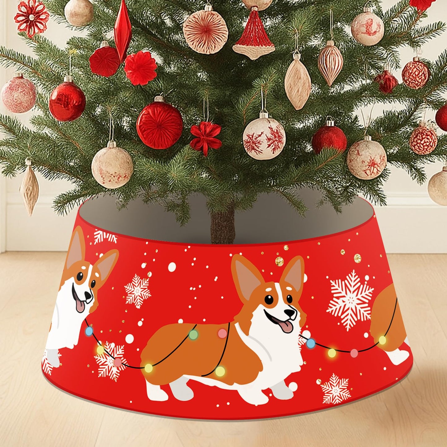 Dog Christmas Tree Collar Corgi Christmas Decor Red Tree Skirt with LED Light Ring Base Cover for Christmas Trees Decoration Holiday Indoor Outdoor