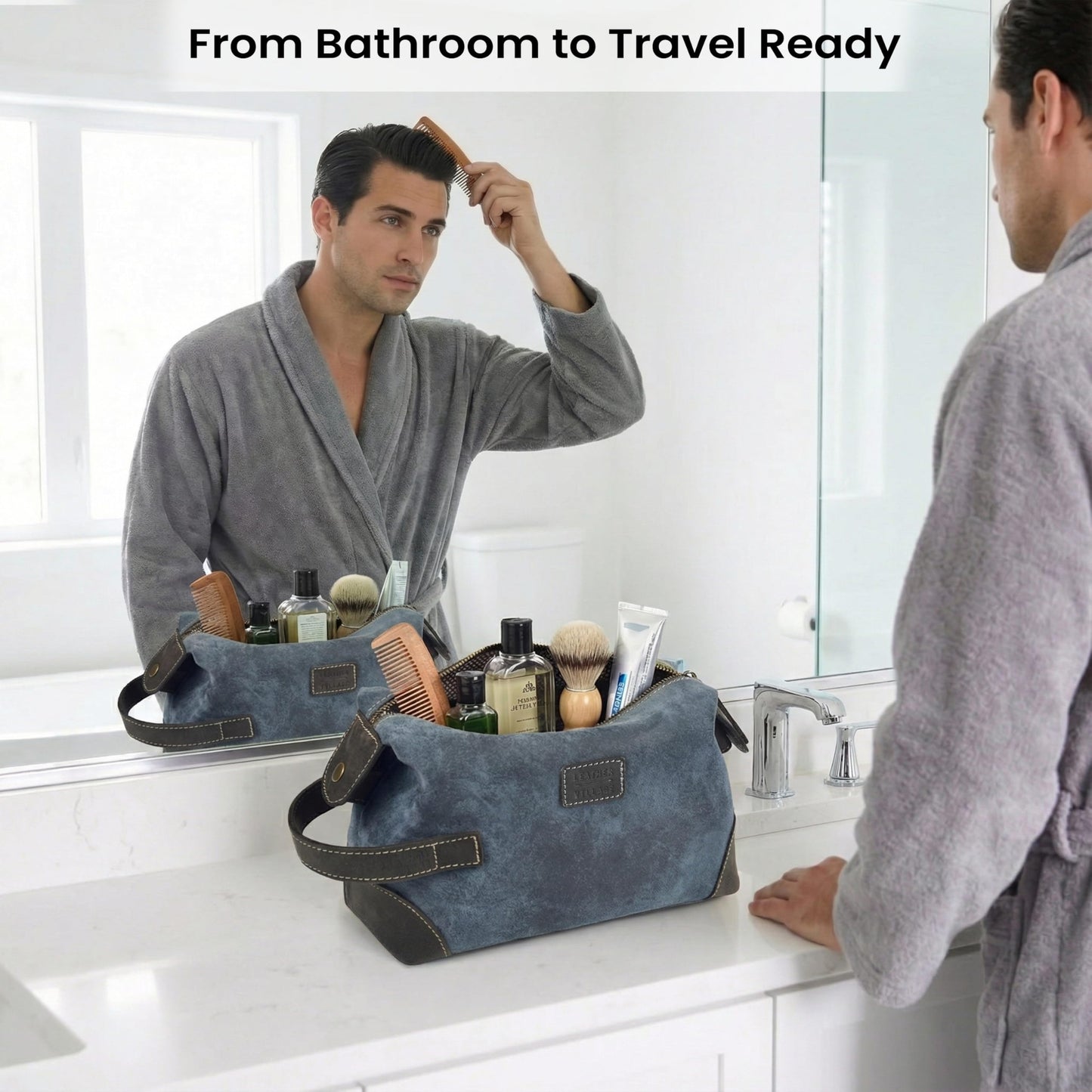 LEATHER VILLAGE Genuine Leather Dopp Kit for Men & Women with Waterproof Lining – Distressed Travel Toiletry Bag, Shaving & Bathroom Essentials Organizer - Distressed Blue