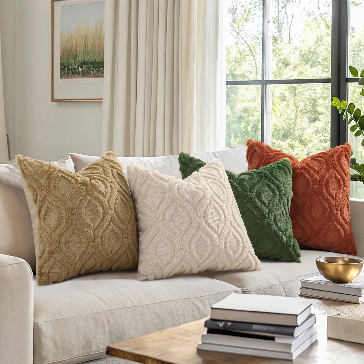 decorUhome Fall Throw Pillow Covers 18x18 Inch Set of 2, Soft Plush Faux Wool Beige Solid Couch Pillow Covers, Accent Farmhouse Neutral Square Pillow Cases for Sofa Bed Living Room