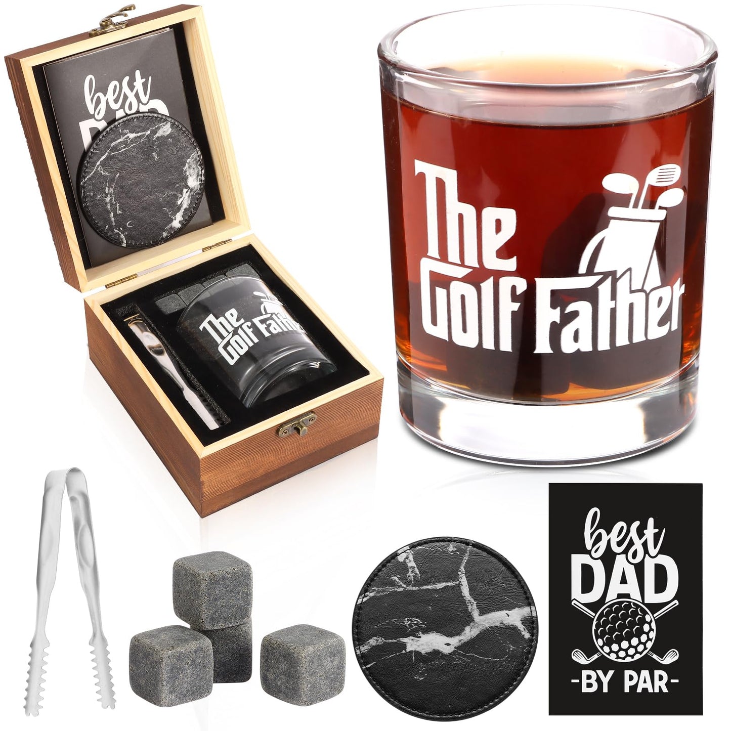 Bayelove Whiskey Glass Gifts for Golf Dad, Best Gift for Men, Gift with 12oz Whiskey Glasses, Stones, Coaster, Wooden Box for Golf-Dad