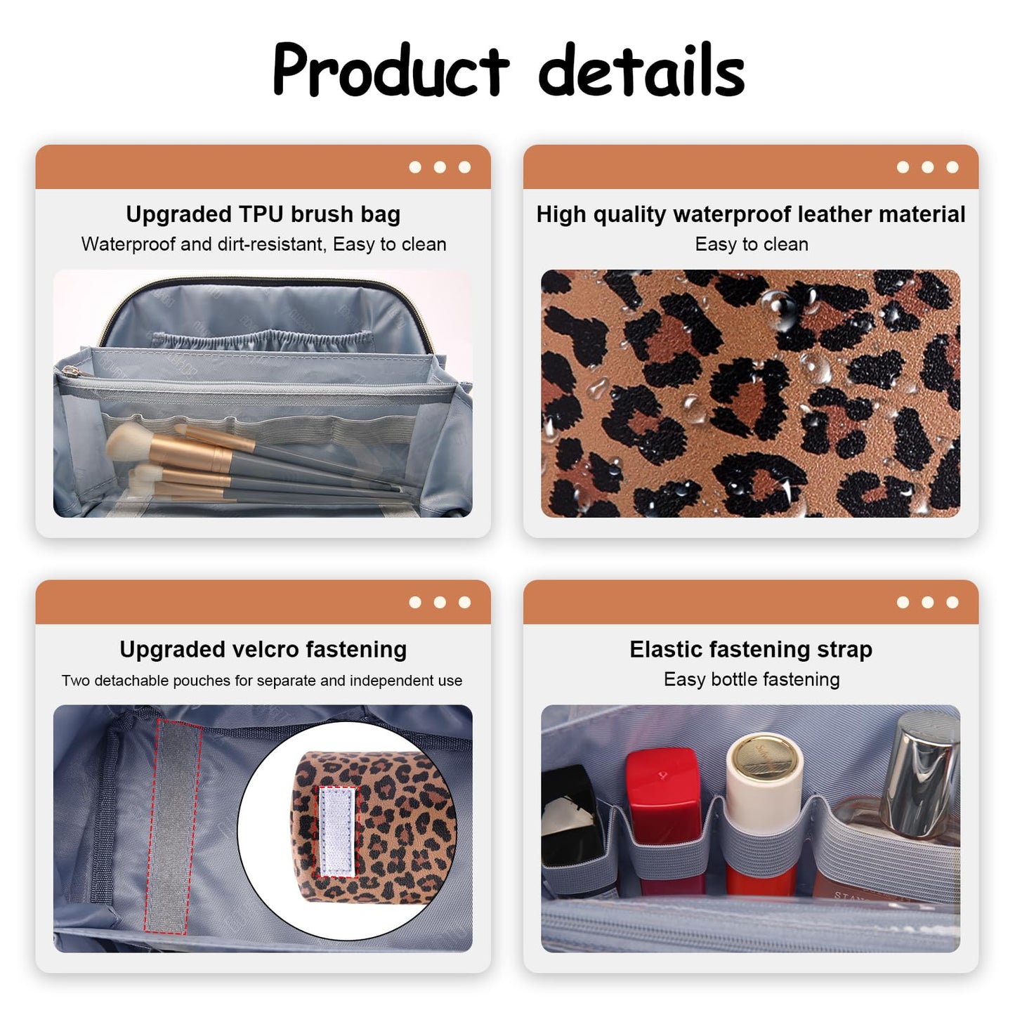 BOYATU Travel Makeup Bags Organizer for Women: 3 Pcs Set Leopard Cosmetic Bag - Large Make up Bag with Compartments - Flat Open Waterproof Leather Toiletry Bags for Skincare, Brushes & Travel - Brown