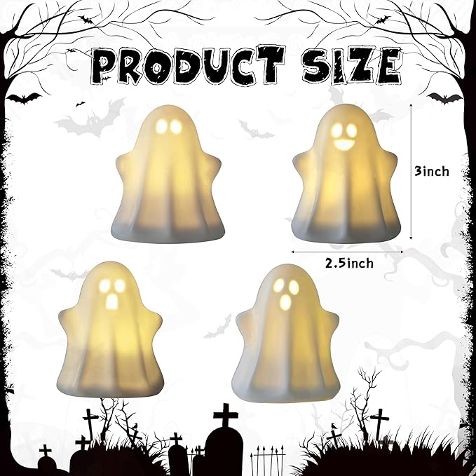 4PCS Halloween Ceramic Ghosts Light Up LED White Spooky Ghosts Figurines Scary Statue Sculpture Halloween Decor Gift for Fall Props Desk Tabletop Centerpieces Home Indoor Decorations