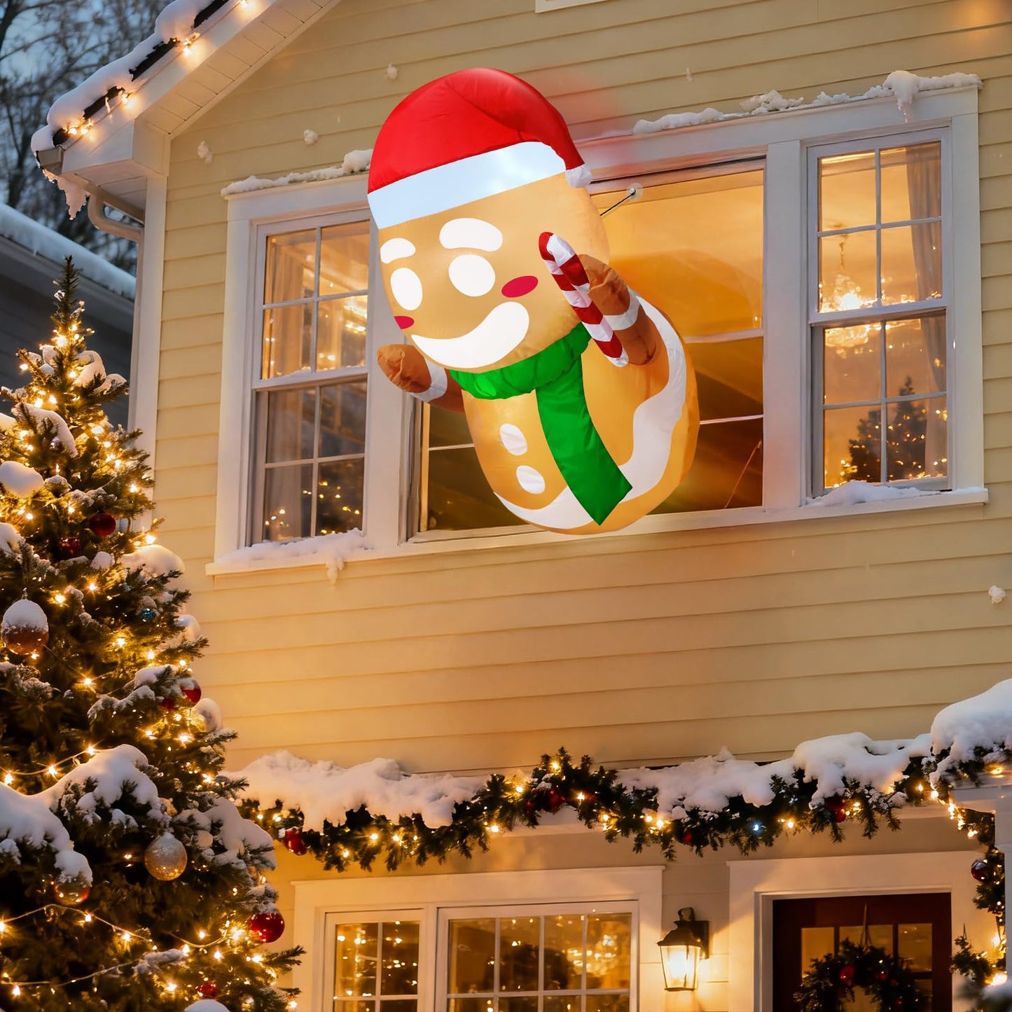 TURNMEON Christmas Inflatable Gingerbread Man Broke Out from Window, Built-in Bright LED Lights 3.5FT Blow Up Xmas Decor, Indoor Outdoor Yard Garden Lawn Home Party Christmas Window Decorations