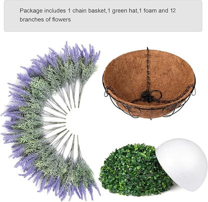 Artificial Hanging Flowers with Basket Fake Fall Lavender for Outdoor Decor, 12 Bundles Faux Purple Outside Decoration Realistic UV Resistant Plants for Porch Balcony Patio Garden Yard