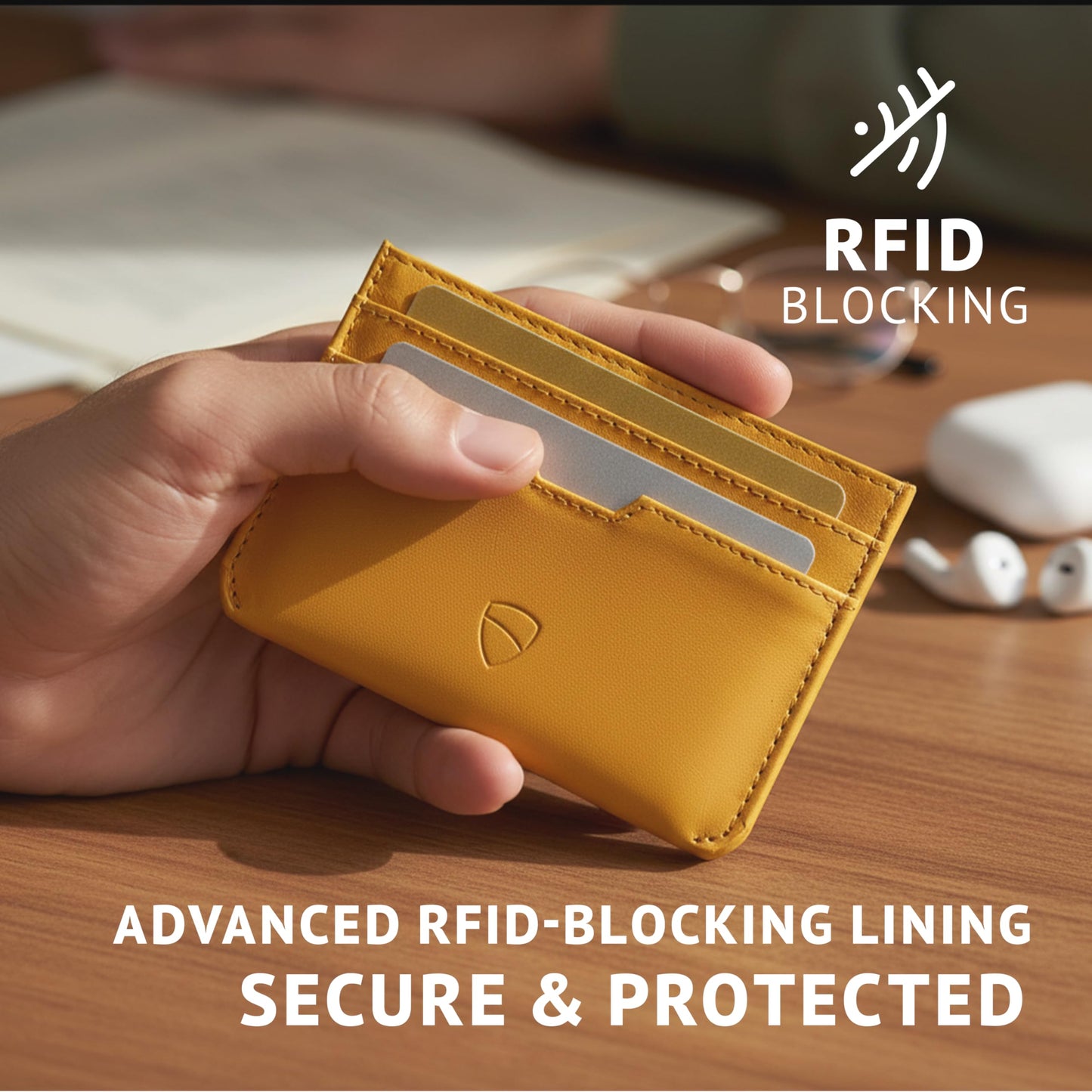 Vaultskin MOORGATE Slim Card Holder – Minimalist Leather Wallet with RFID Blocking, Front Pocket Credit Card Case for Men & Women (Golden Yellow)