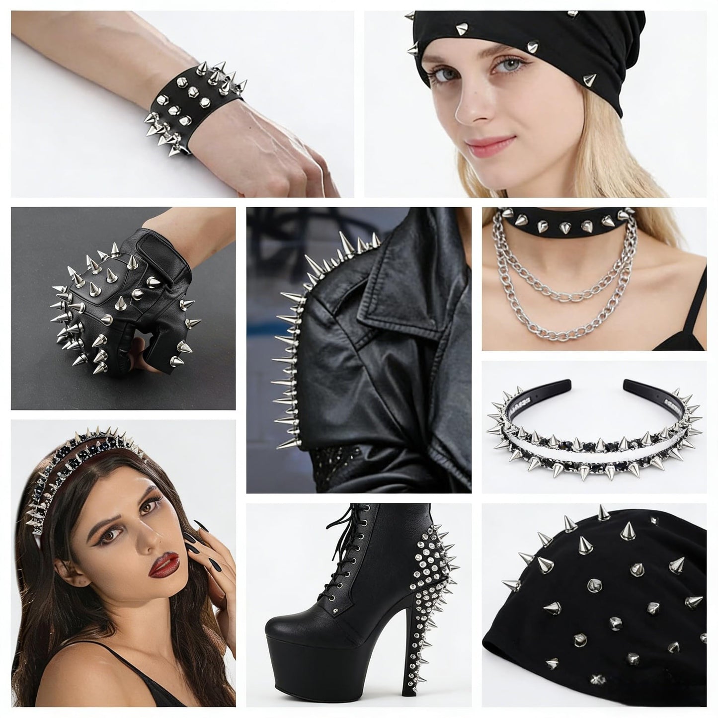 Uliche 559 Pcs Punk Studs and Spikes Kit，8 Sizes Cone Spikes,Square Pyramid&Circular Rivet,Metal Tree Spikes Studs for Clothing and Leathercraft Accessories DIY Craft Decoration,Wristband Included