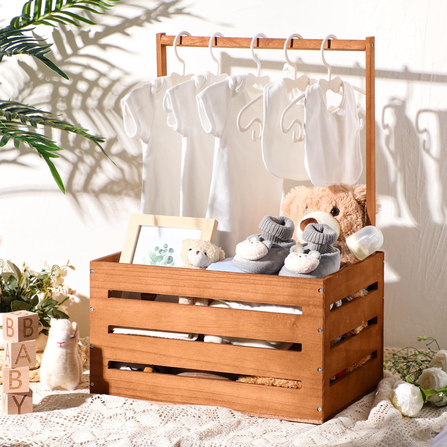Suzile Wooden Baby Shower Crate Closet Wood Basket for Gifts with Handle Boy Girl Clothes Gender Reveal Storage Box for Newborn New Parent(Claybank)