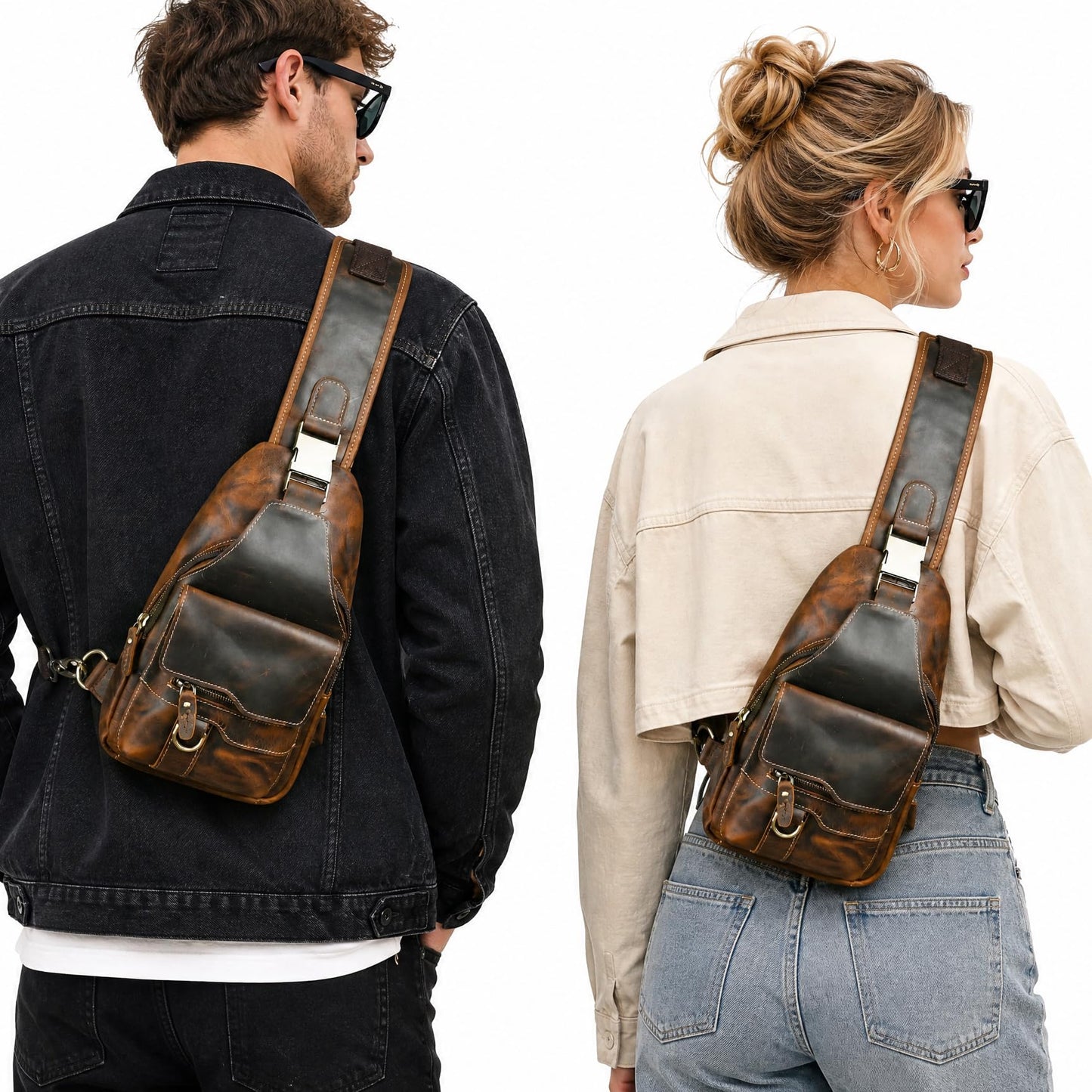 Handadsume Water Resistant Canvas + Leather Hiking Travel DayPack Sling Crossbody Triangle Chest Pack Bag For Men Women FB8013 (100% Genuine Leather-8015 Brown)