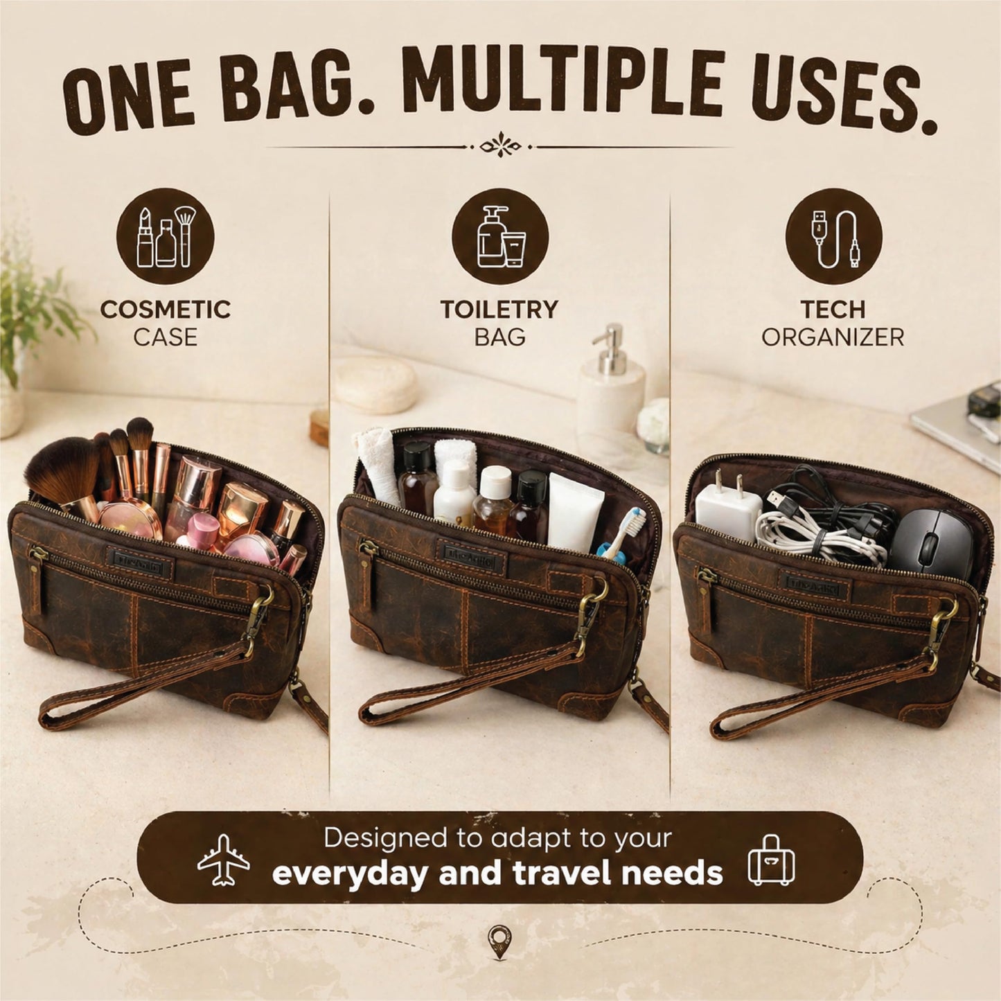 TheAntiq Genuine Leather Makeup Bag Travel Organizer, Premium Handcrafted Cosmetic Pouch with Zipper & Wrist Strap, Durable Toiletry Storage for Women & Men, 5 x 9- Brown
