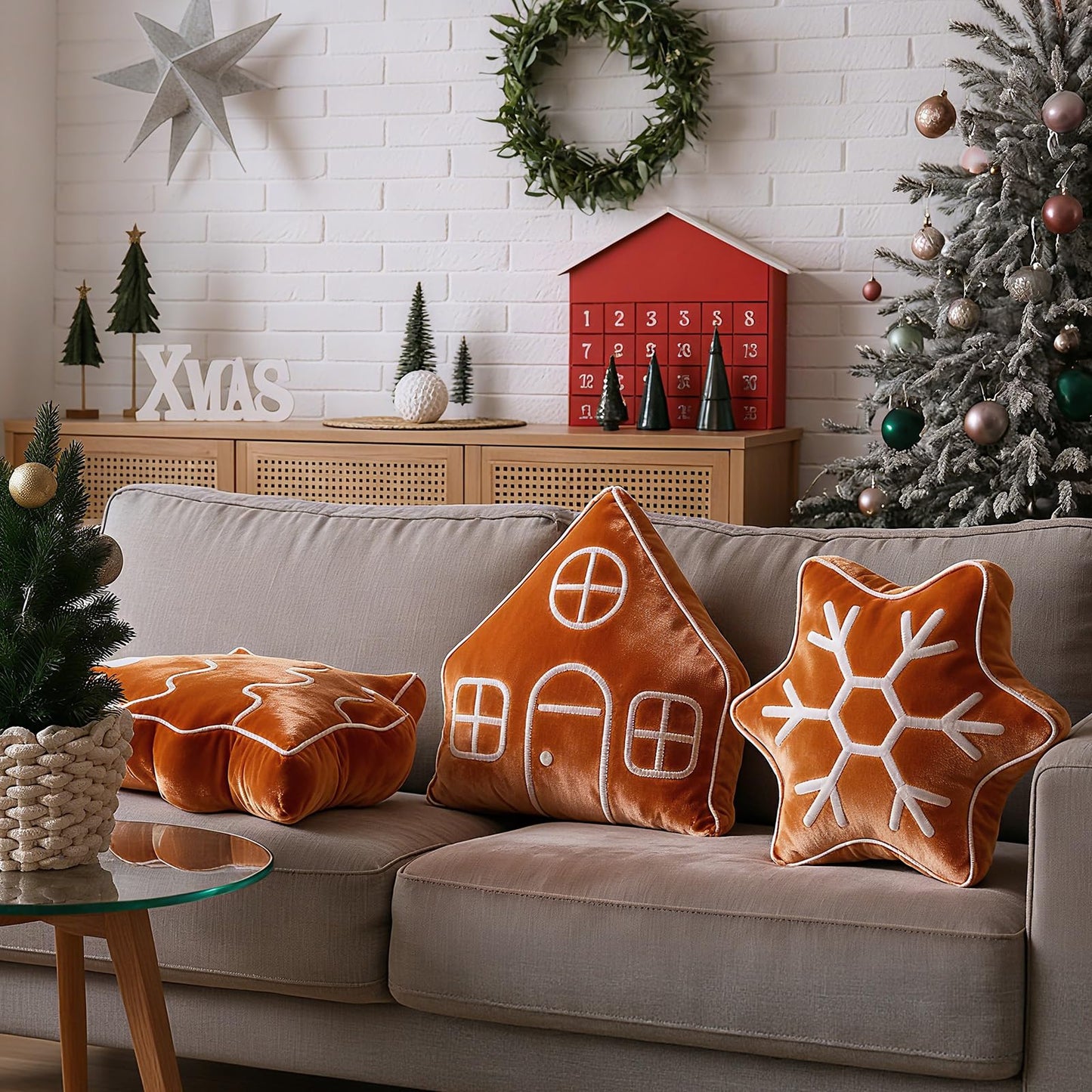 Amyhill 3 Pcs Christmas Velvet Throw Pillows Xmas Tree Gingerbread Man House Snowflake Pillows Embroidered Design Stuffed Christmas Decoration for Home Sofa Bed Couch Party