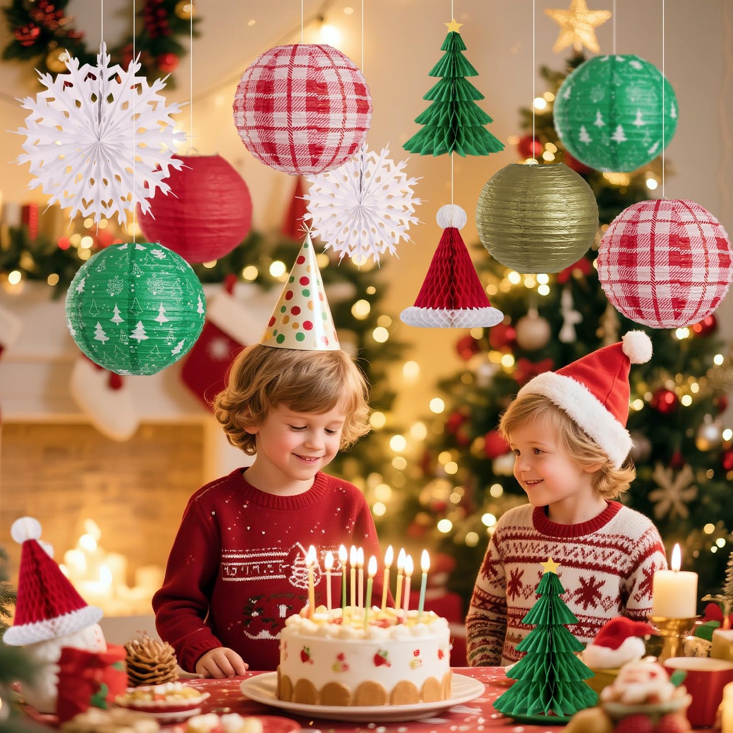 OBBOLO Christmas Hanging Decorations, 12 PCS Paper Lanterns, Honeycomb Christmas Trees, Hanging Paper Fans, Red Green Gold White Holiday Party Supplies for Home Xmas Holiday Party