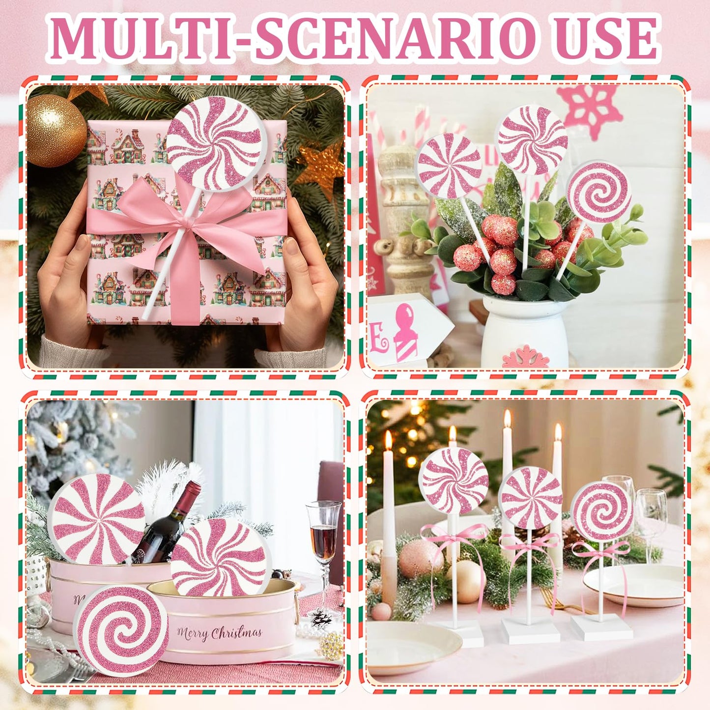 3 Pieces Christmas Table Decorations Wood Candy Set, Pink Christmas Tiered Tray Decor,Rustic Candy Table Decorations for Home Tables (Pink)