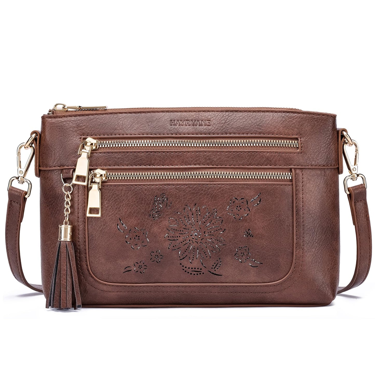 HAYRVANE Crossbody Bags for Women,Vegan Leather Cell Phone Purse with Tassel Multi Pocket Travel Shoulder Handbags Coffee