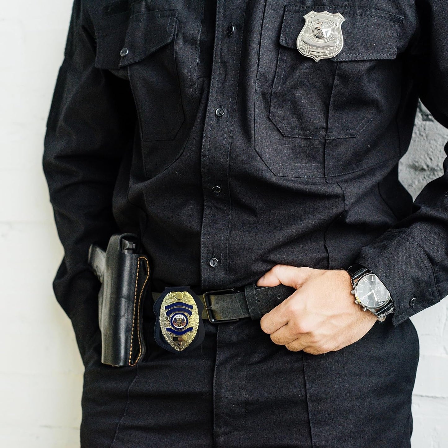 Police Badge Holder Made of Cowhide Universal Black with Leather Belt Buckle Hook Buckle and Stainless Steel Bead Chain Law Enforcement Officer Gifts Polygonal