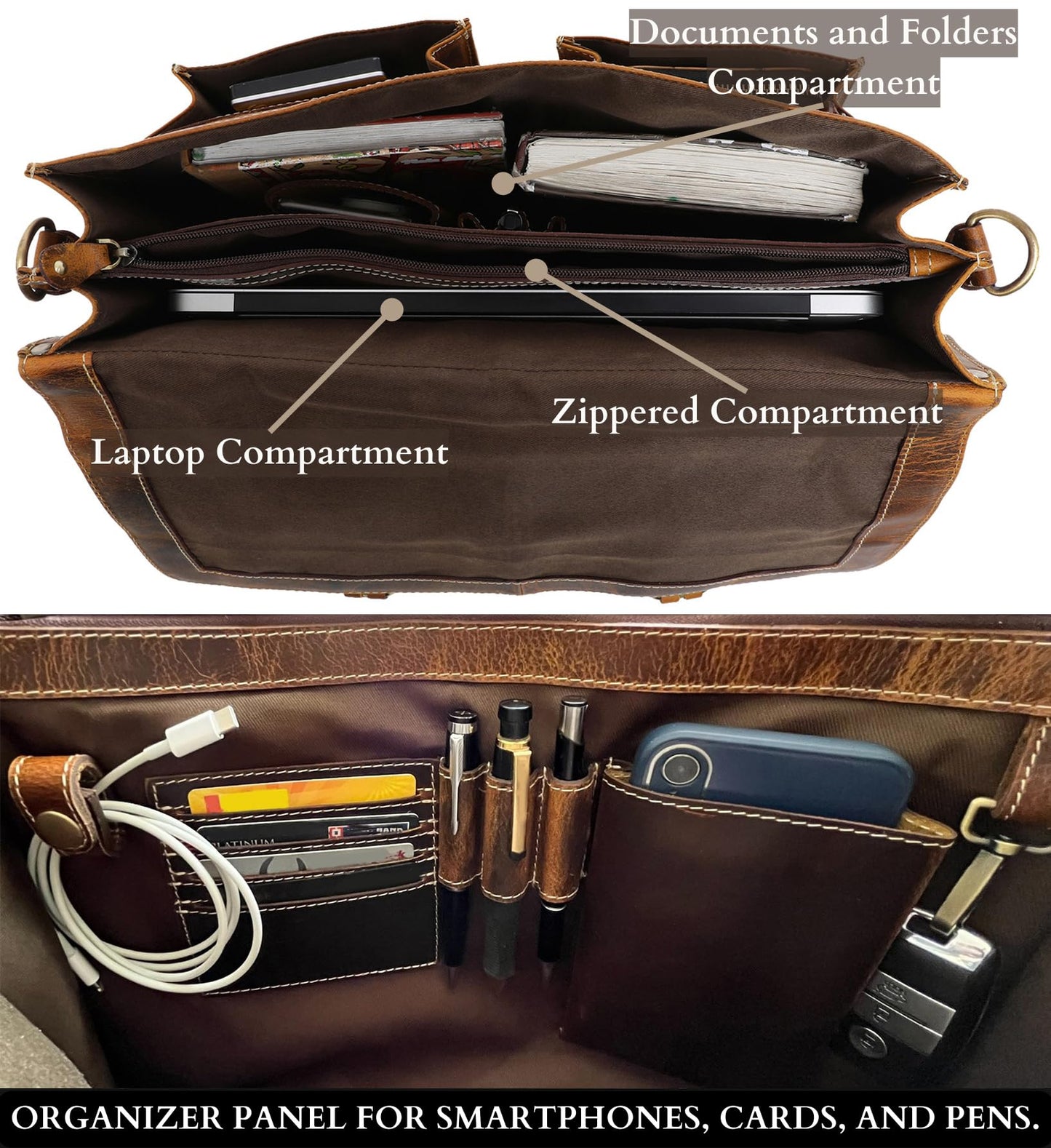 RUSTIC TOWN Handcrafted 16-inch Brown Leather Shoulder Briefcase Messenger Bags Men's 15.6 inch Laptop Satchel