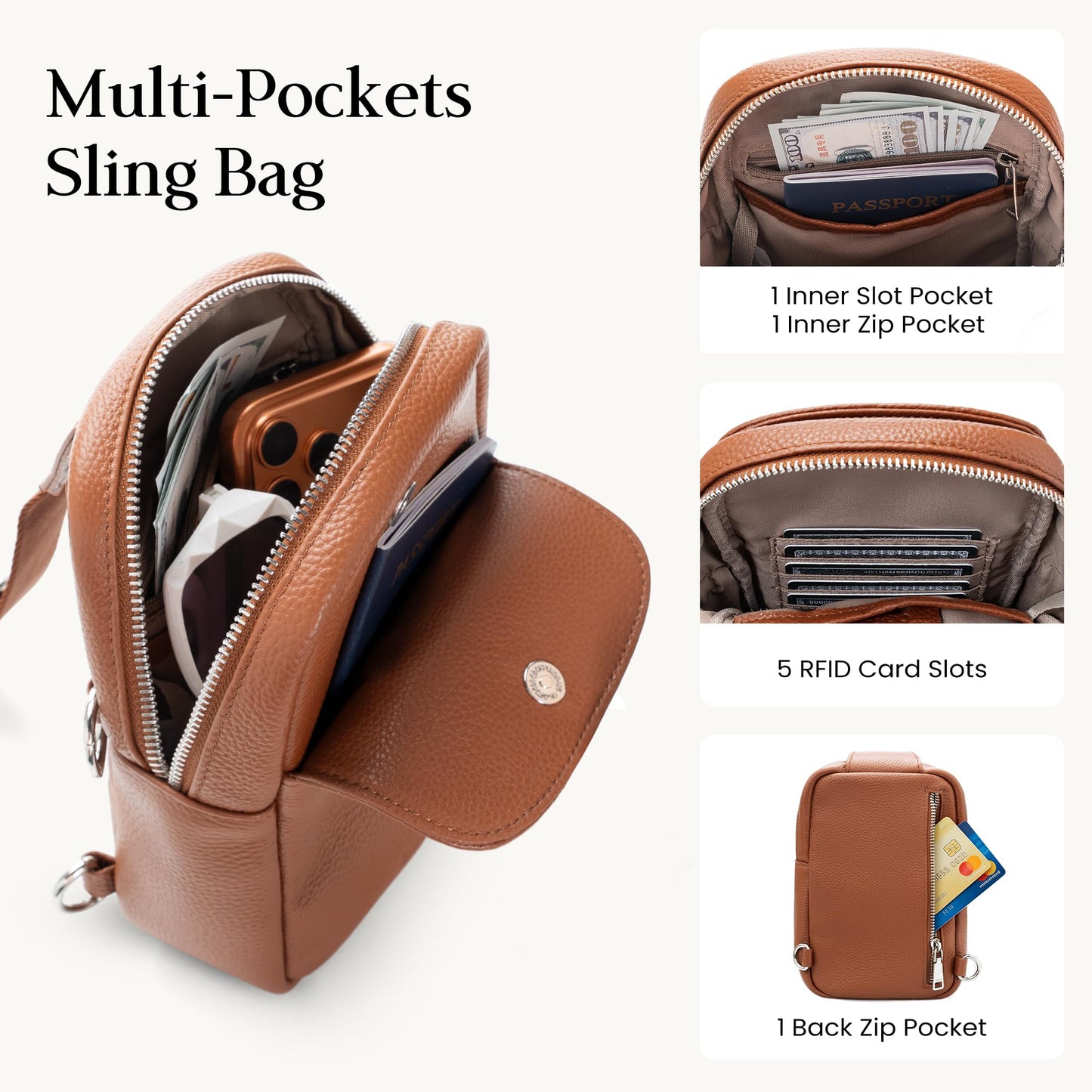 befen Real Leather Anti Theft Small Crossbody Sling Bags for Women, Woman Crossbody Chest Bags Travel Purse with RFID Card Slots Cognac Brown