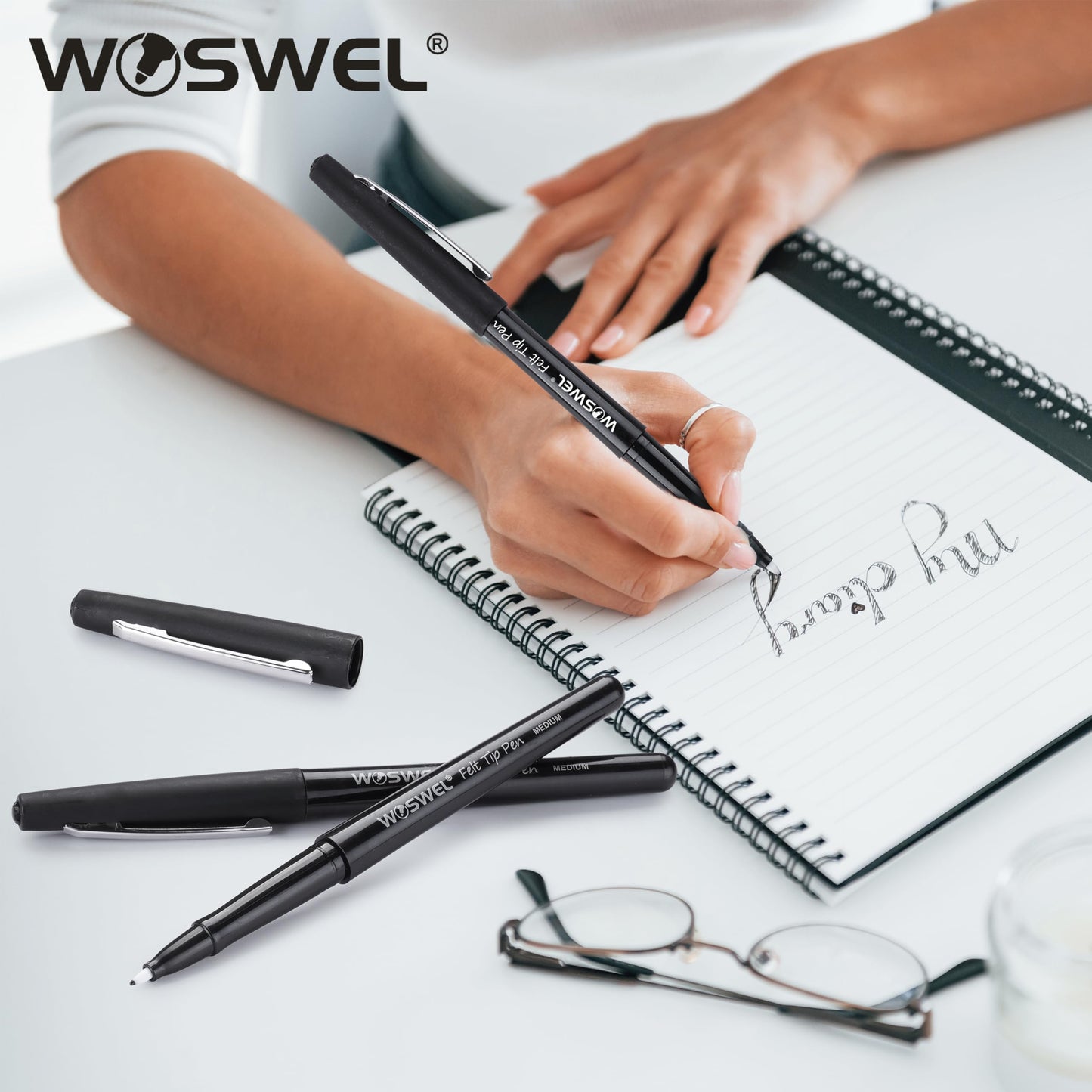 WOSWEL Black Felt Tip Pens, 32 Black Pens, 0.7mm Medium Point Felt Tip Markers Pens for Journaling, Note Taking, Planner, Writing,Drawing.Perfect for Art Office and School Supplies
