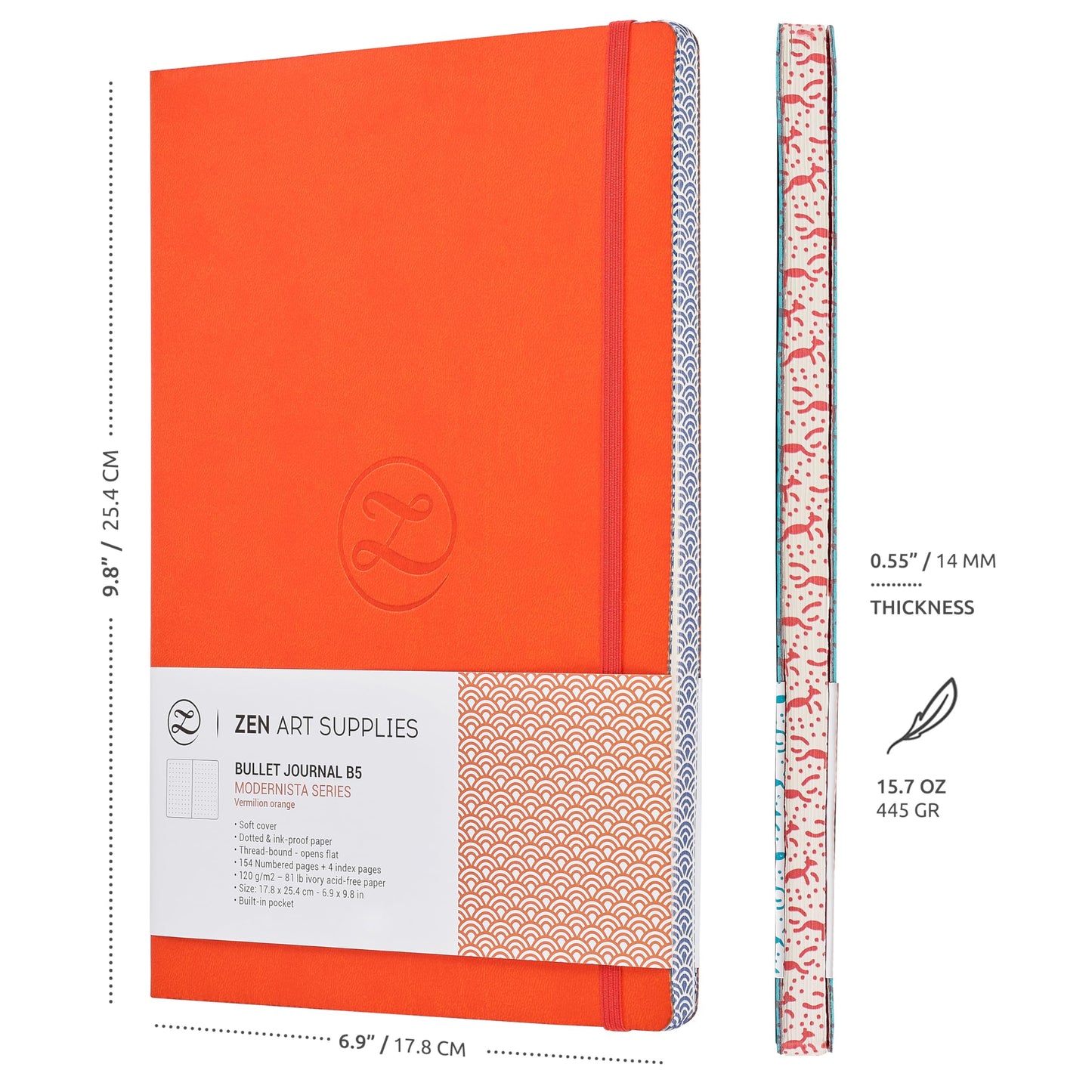 Soft Cover Large B5 Dotted Journal - Enjoy Bullet Journaling with a 7x10-inch, Non-Bleed Thick 120gsm Paper, Dot Journal in Orange, Japanese Edge Motif - Faux Leather Lay Flat Dot Notebook