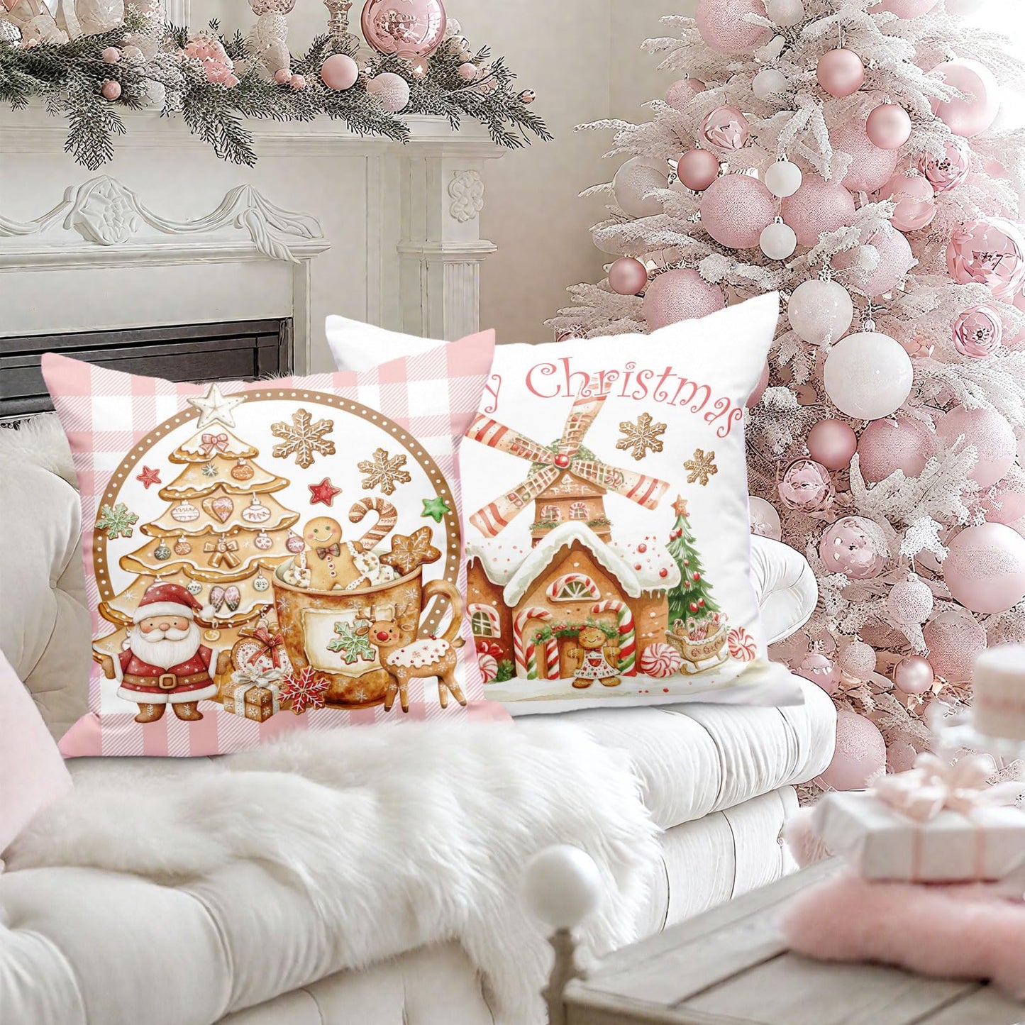 Lanpn Christmas Throw Pillow Covers 18x18 Set of 4, Gingerbread Man House Pillow Covers Christmas Pillowcase Decorative Cushion Cover for Home Bedroom Couch Sofa Decor (Pink)
