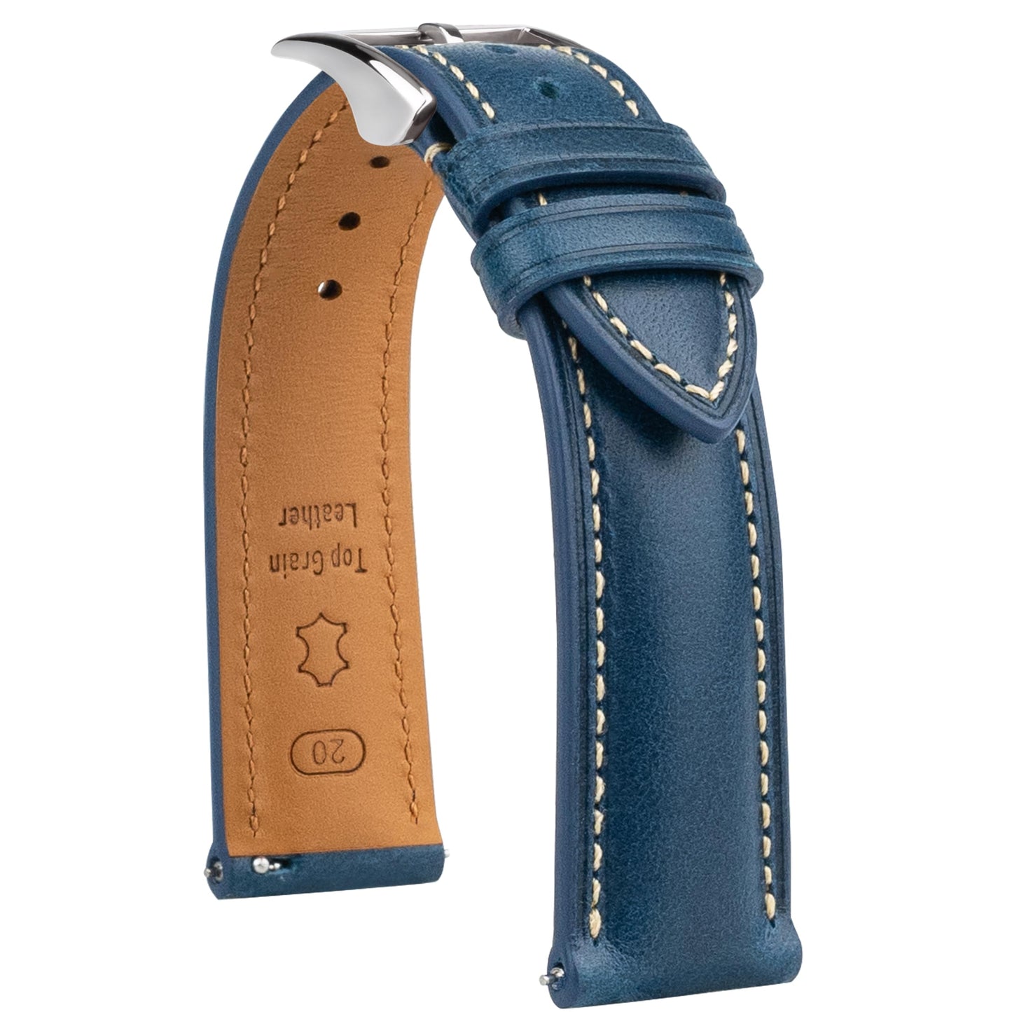 Gomvadr Vintage Genuine Top Grain Leather Watch Strap Quick Release, 18/19/20/21/22/24mm, Silver/Black Buckle, Universal Fit Unisex for Daily Wear (Blue with Silver Buckle, 18mm)