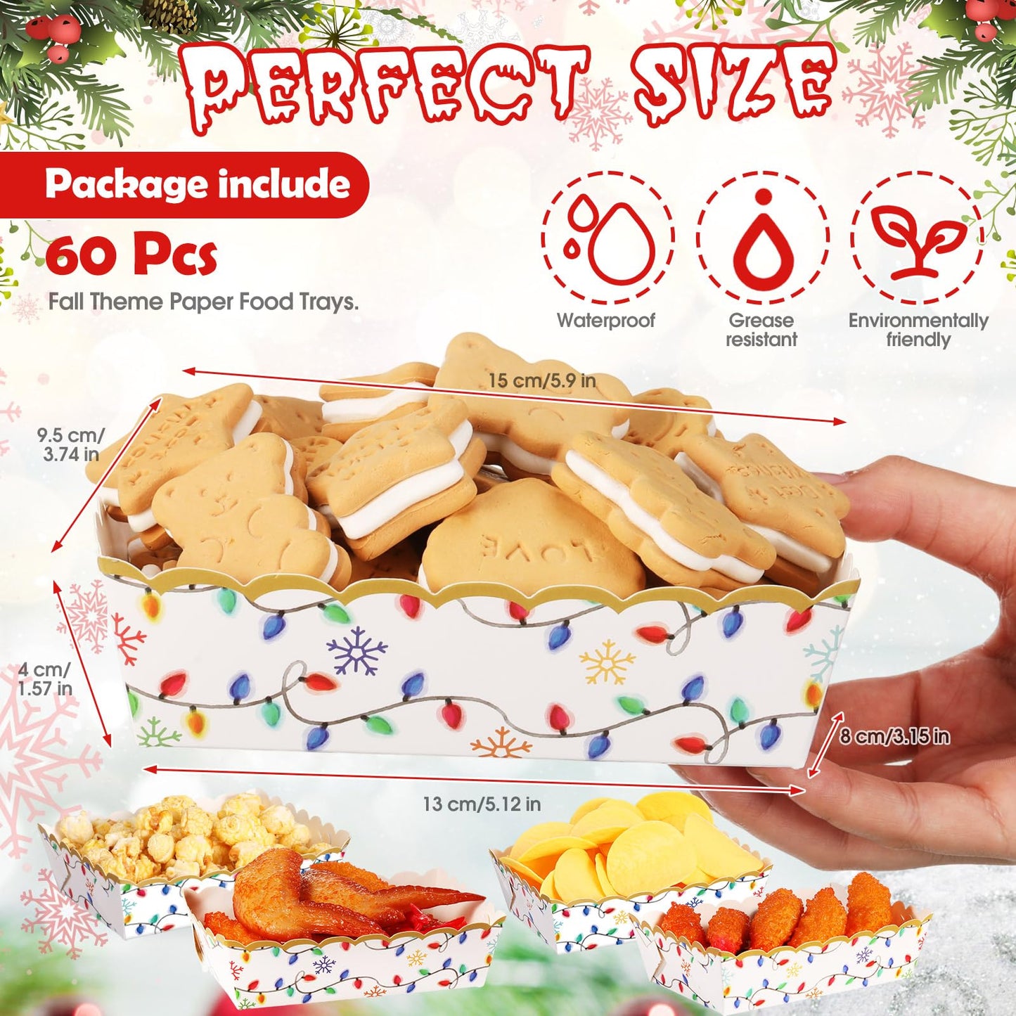 Dunzoom 60 Pcs Christmas Paper Plates Food Trays Plaid Light Nutcracker Gingerbread Christmas Movie Snack Tray Disposable Xmas Paper Boat Bowl for Nacho Popcorn Holiday Party Supplies(Bright)