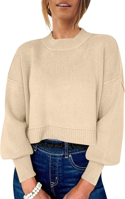 ANRABESS Womens Cropped Sweaters Oversized Crewneck Long Batwing Sleeve Side Slit Ribbed Knit Pullover Tops 2025 Fall Clothes