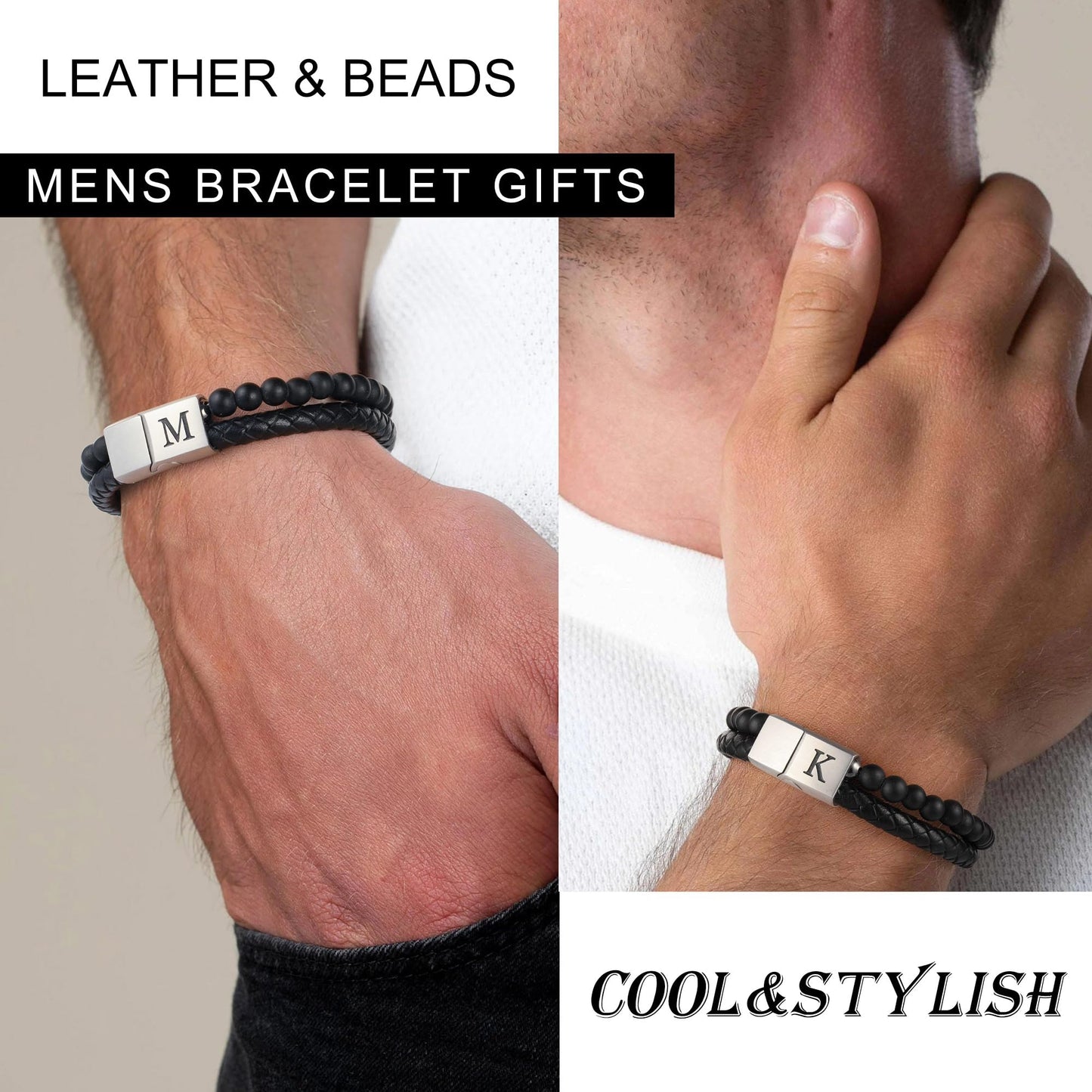 LUXEJEW Mens Bracelet - Black Leather Beaded Bracelets for Men with Magnetic Clasp Letter H Initial Bracelet 6mm Matte Agate Beads Stone Mens Jewelry Birthday Gifts for Men Husband Boyfriend