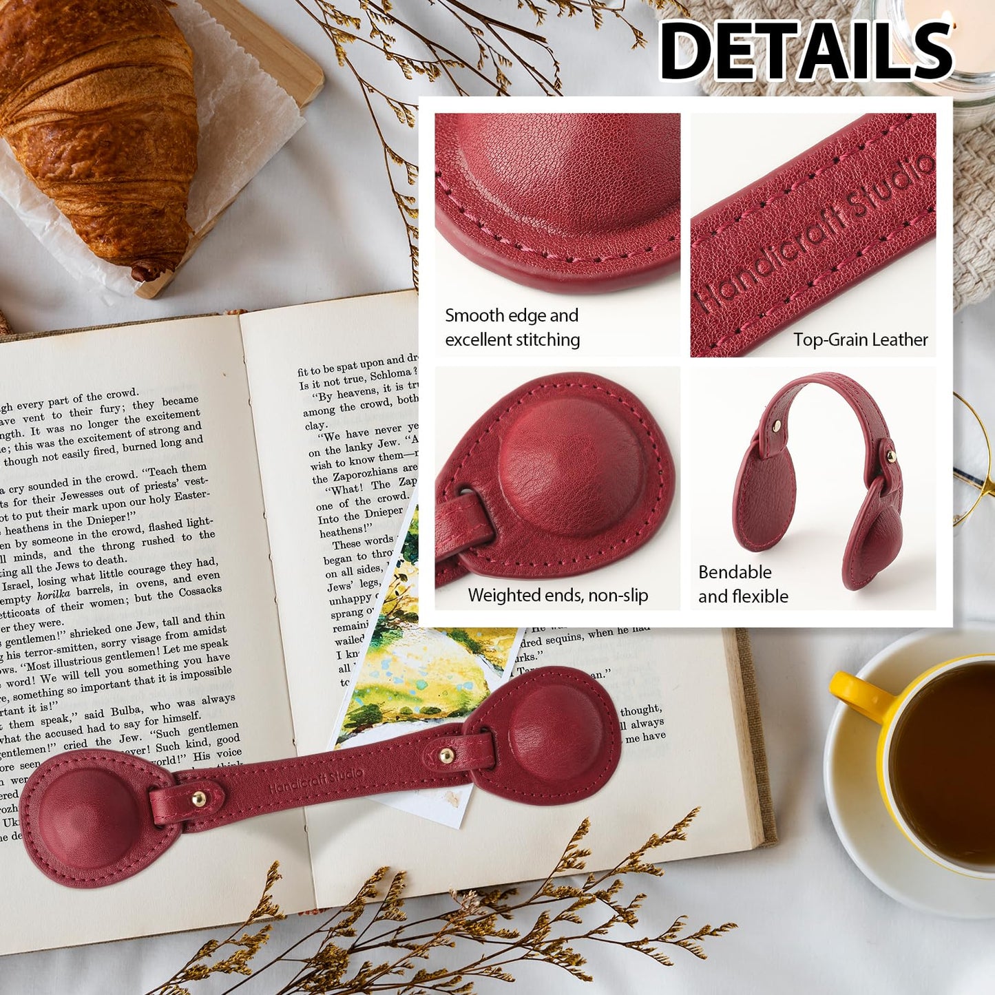 VANTOO Leather Weighted Bookmarks Page Holder for Women Men, Magnetic Bookmarks for Reading, Book Accessories Gift for Book Lovers Teachers Writers Authors Poets (Wine)