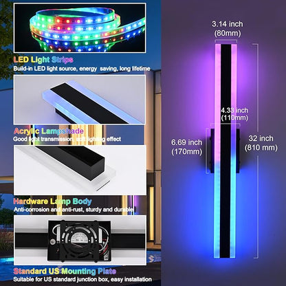 TODOLUZ 2-Pack 32-Inch Outdoor RGB Wall Light Fixture, IP65 Waterproof 21W LED Linear Porch Wall Sconce Lighting with Remote Control for Enterway Patio Garage