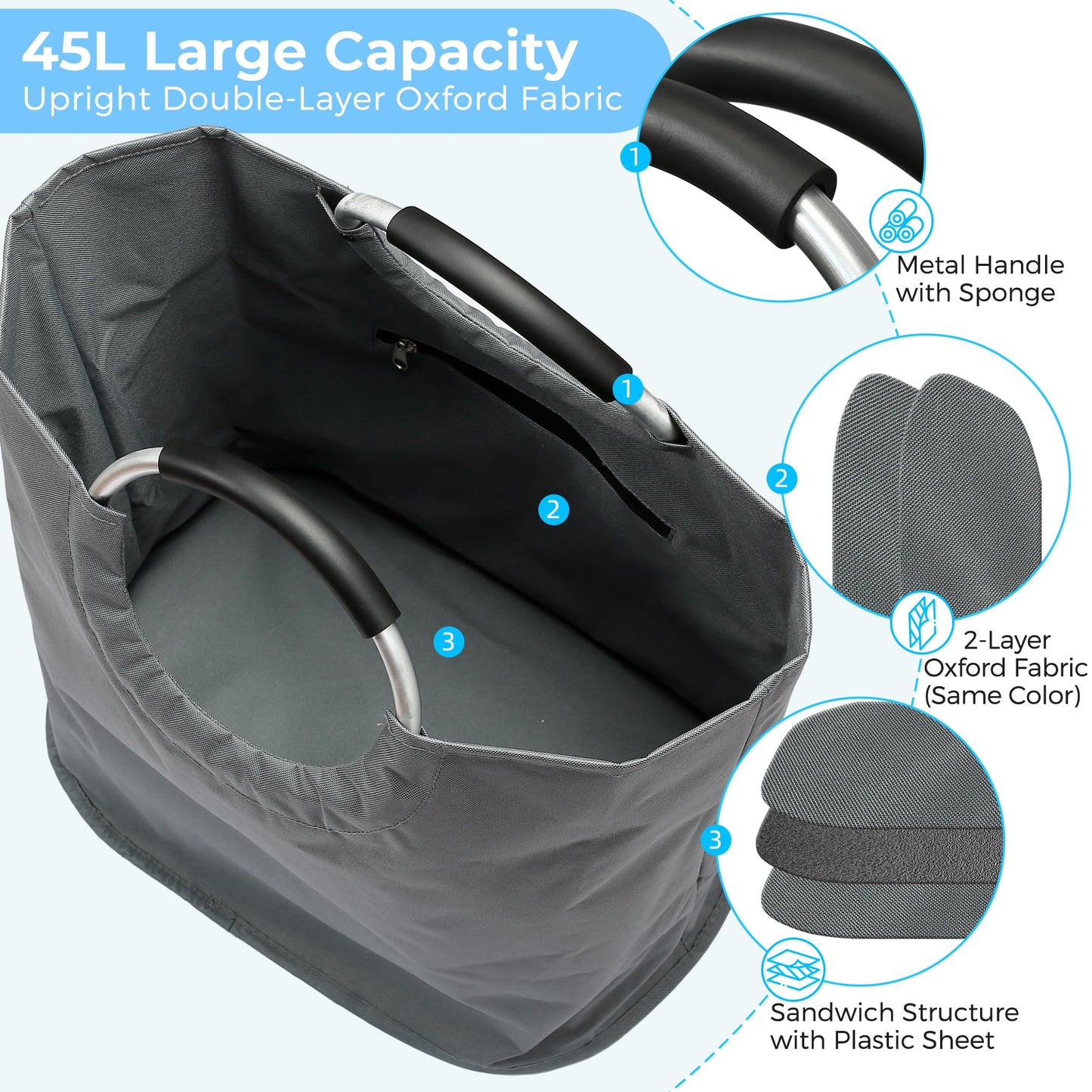 VICSKY Utility Tote Bag - Lightweight & Durable Beach/Pool Bag | Soft-Padded Metal Hoop Handle | Stand-Up Reusable Grocery Tote for Shopping/Farmers Market/Picnic/Dog Walking (45L, Grey)