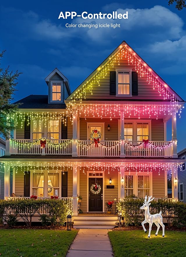 Smart Icicle Lights for Outside - 56ft 512 LED Color Changing Icicle Christmas Lights Outdoor - APP Controller 50+Preset Modes 16M Color Customize DIY Dynamic Lighting Effect