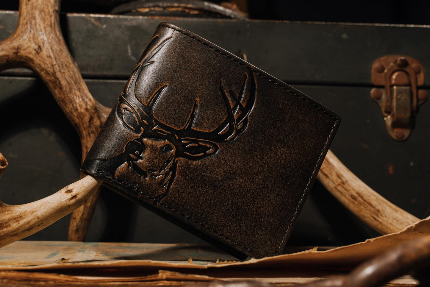 House of Jack Co. Deer Men's Double ID Bifold Wallet, Full Grain Leather Hunting Wallet, 2 ID Windows, 10 Card Slots, Camo Lining, Embossed Whitetail Deer, Hunter Gift for Men, Black