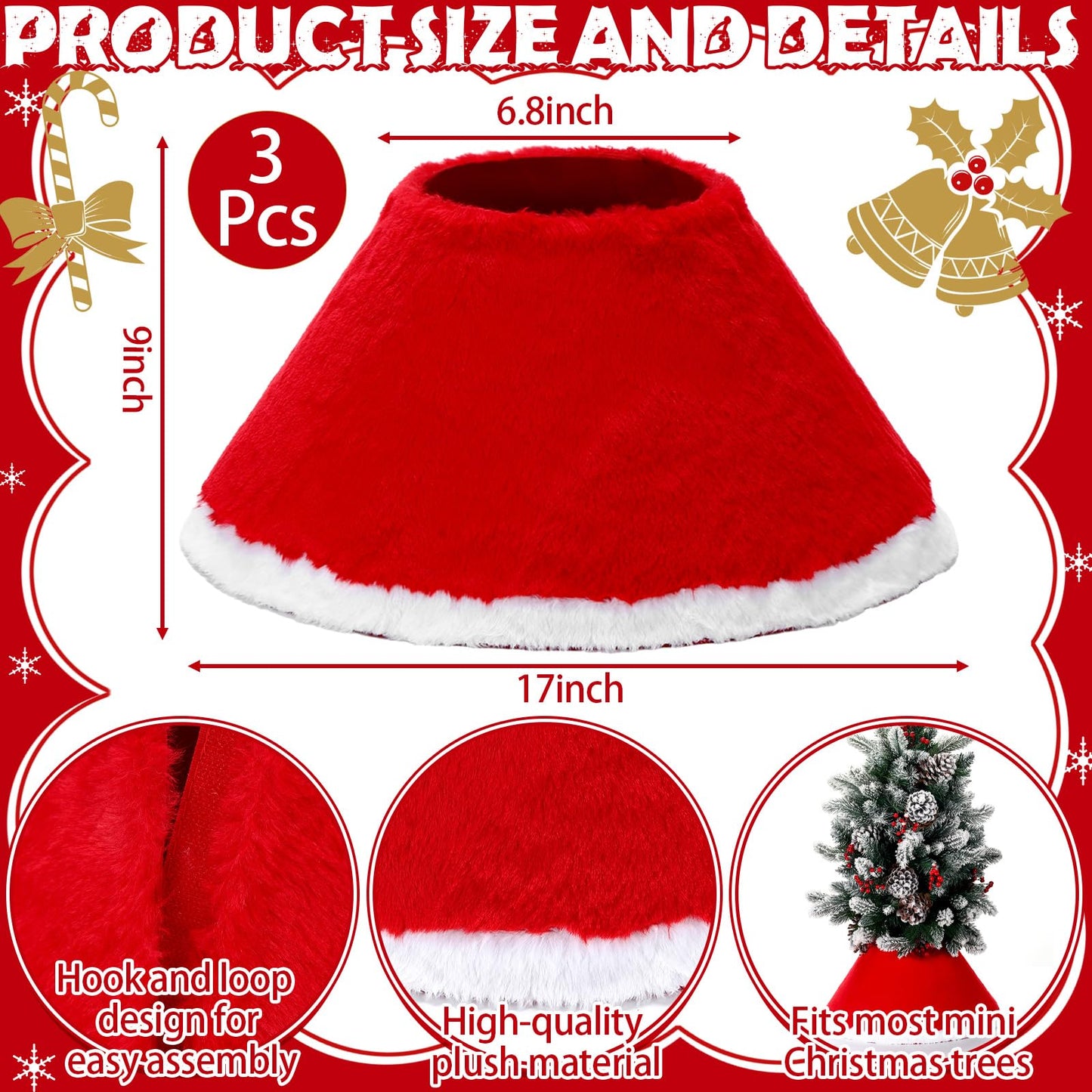 Teenyyou 3 Pcs Mini Christmas Tree Collar for 2-4 ft Mini Tree 17 Inch Diameter Base Small Red Velvet Plush Ring Skirt with White Faux Fur Stand Cover for Xmas Pencil Slim Trees Tabletop Home Decor